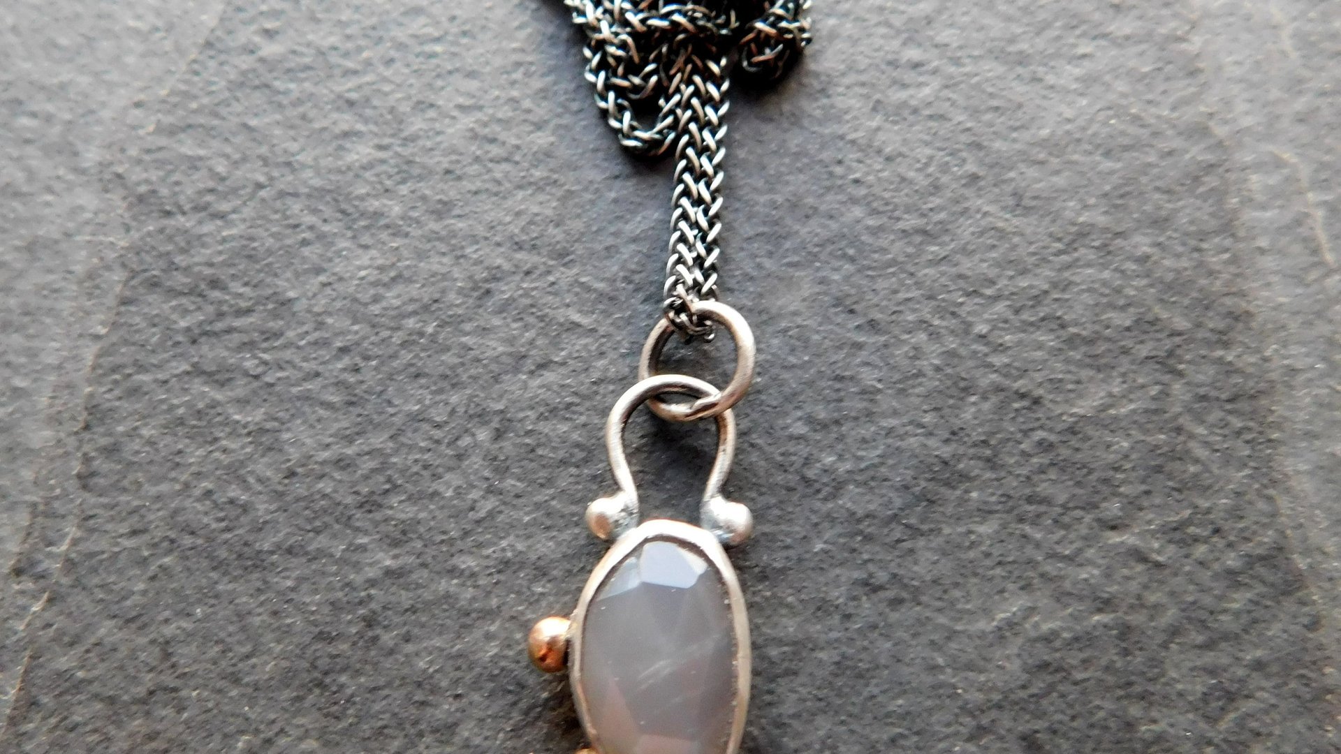 Dark Grey Moonstone Sterling Silver 14K Gold Asymmetrical Minimalist Pendant Necklace