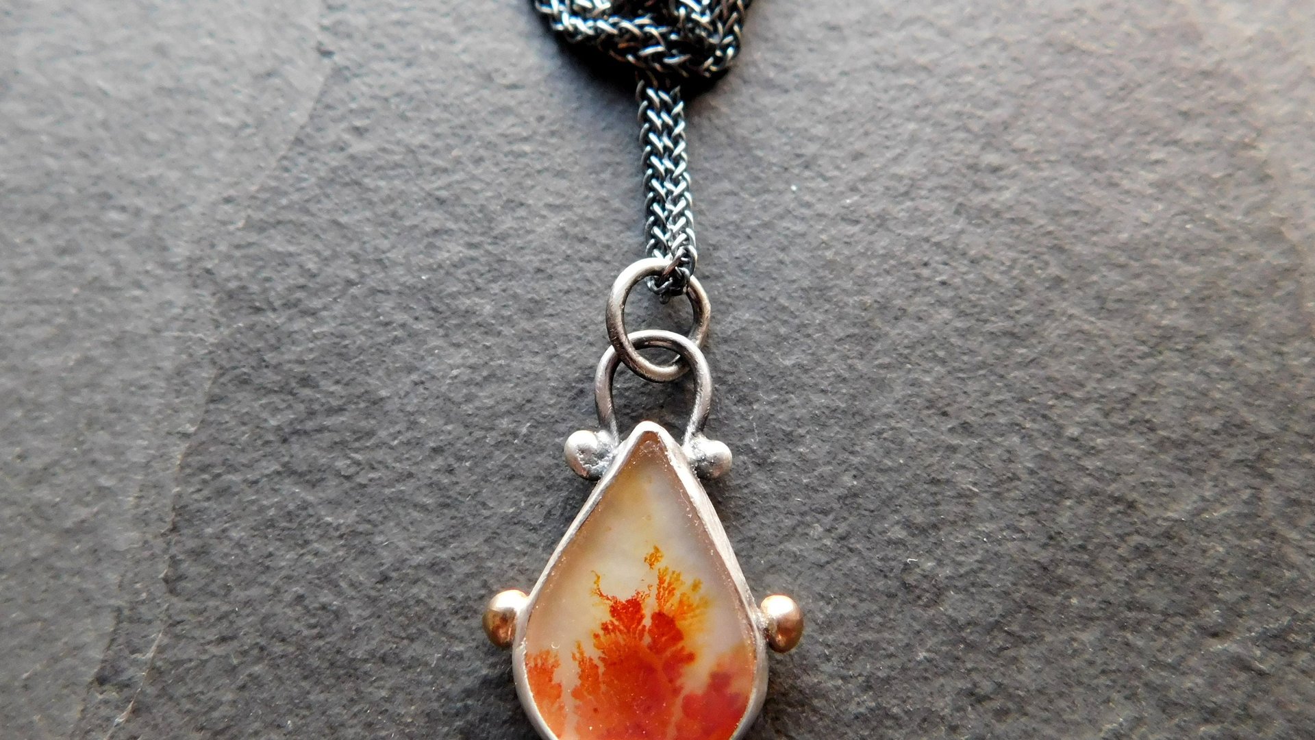 Orange Fall Foliage Dendritic Agate Scenic Stone Sterling Silver 14K Gold Minimalist Pendant Necklace