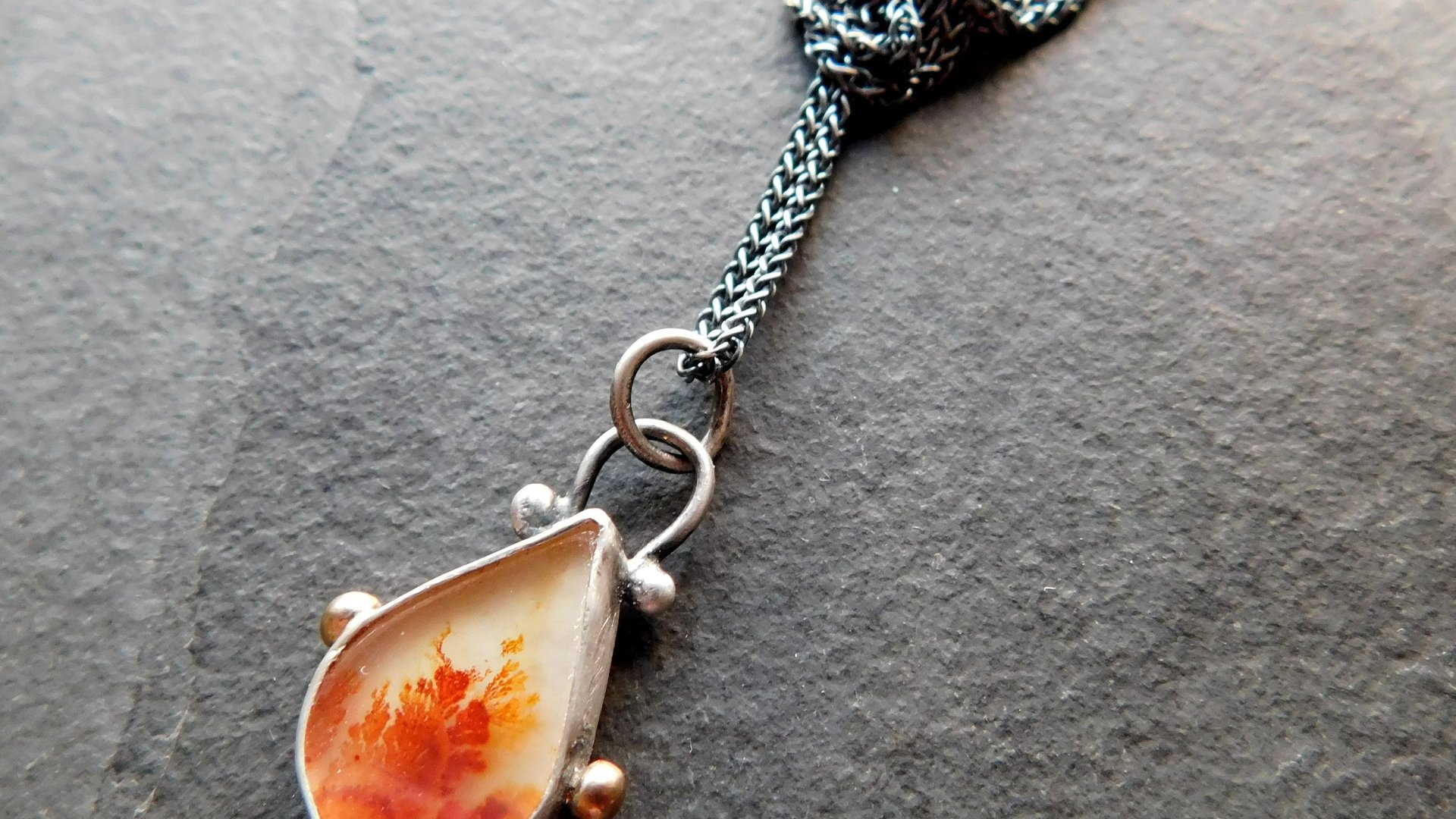 Orange Fall Foliage Dendritic Agate Scenic Stone Sterling Silver 14K Gold Minimalist Pendant Necklace