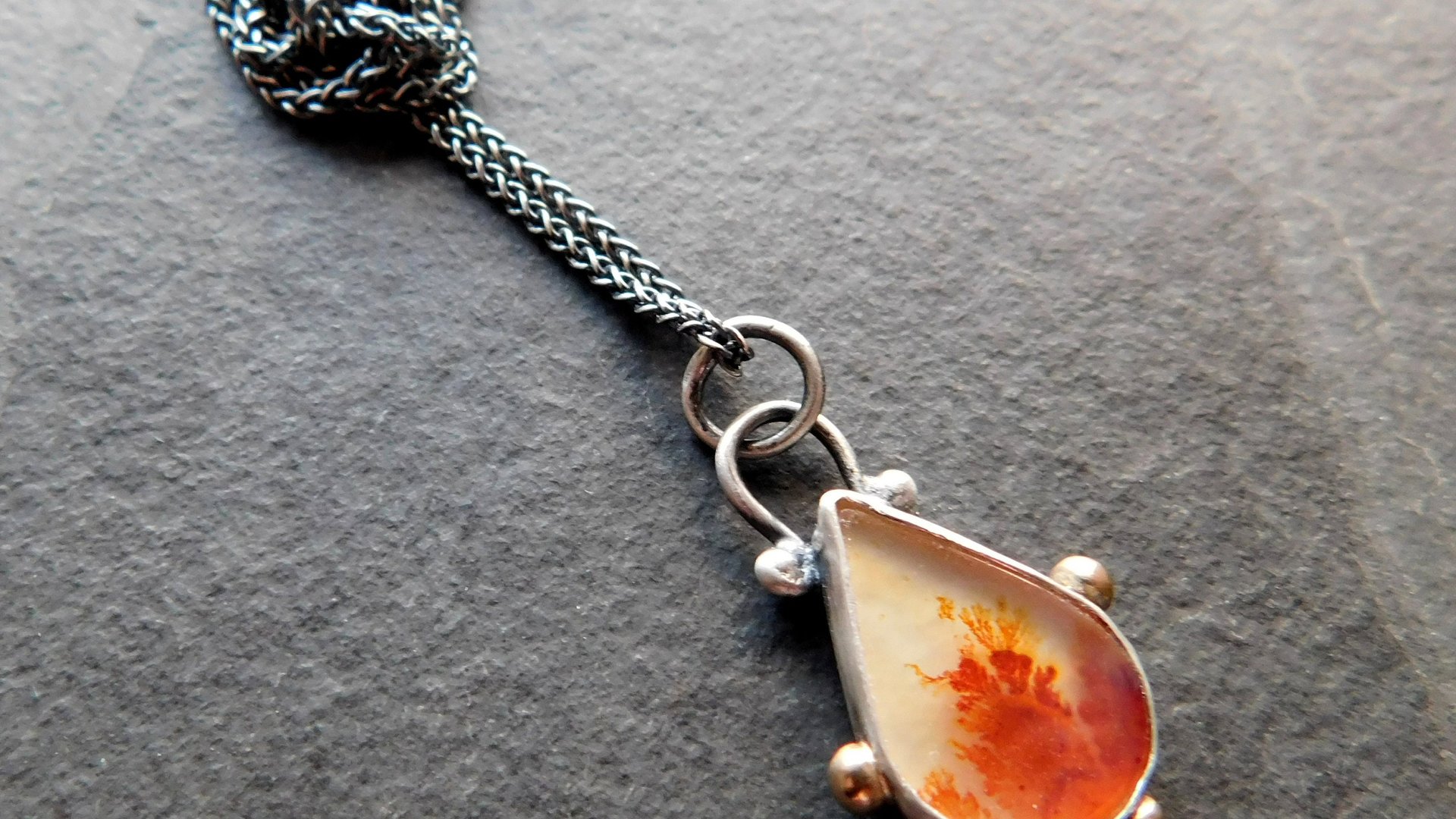 Orange Fall Foliage Dendritic Agate Scenic Stone Sterling Silver 14K Gold Minimalist Pendant Necklace
