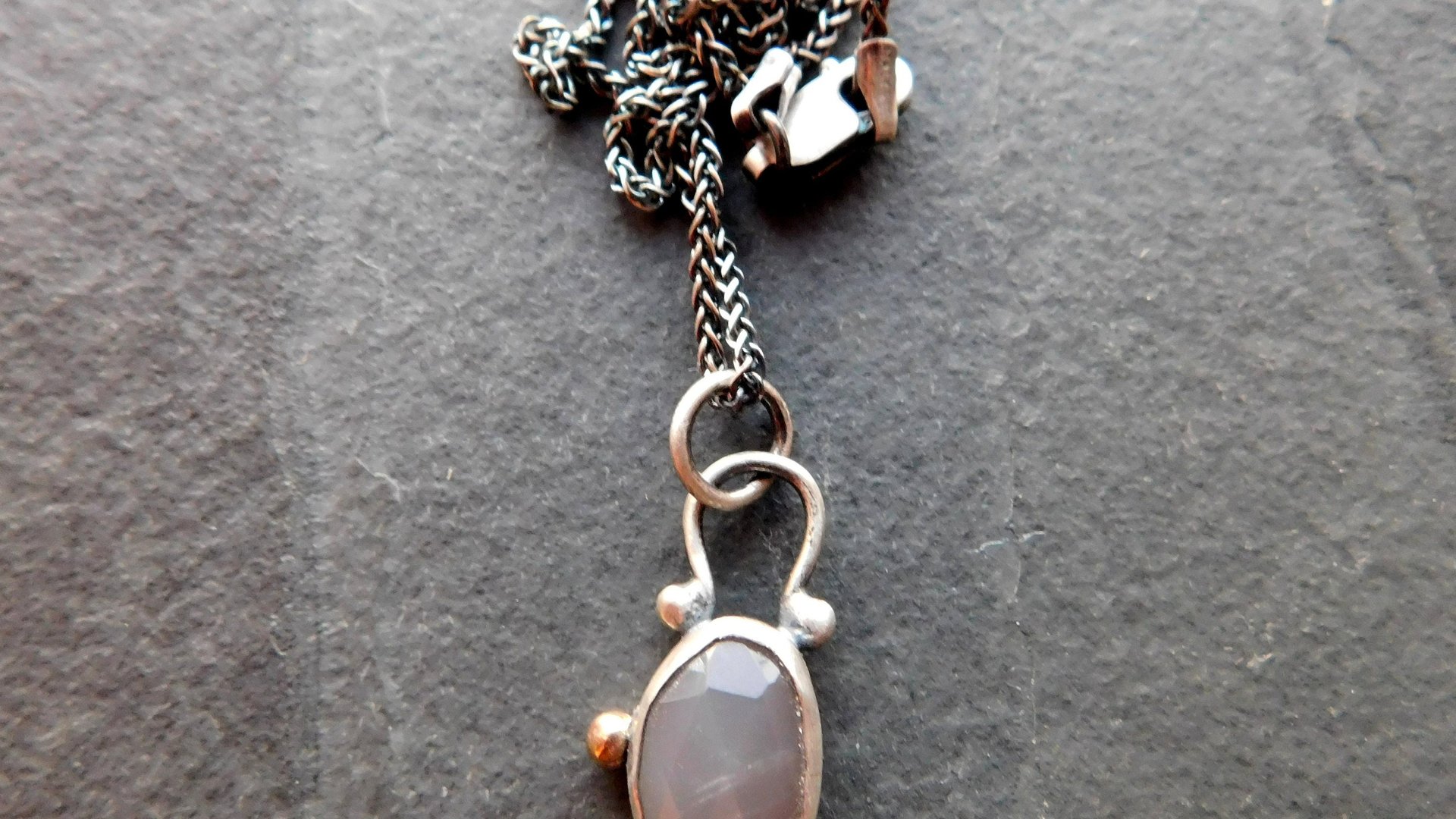 Dark Grey Moonstone Sterling Silver 14K Gold Asymmetrical Minimalist Pendant Necklace