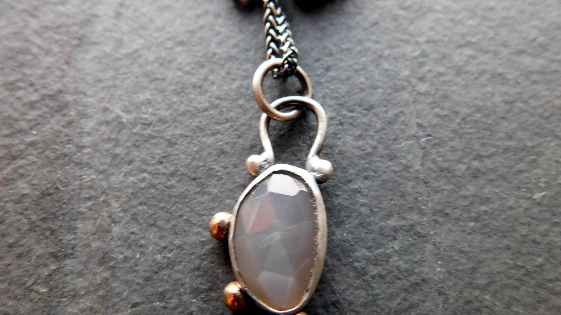 Dark Grey Moonstone Sterling Silver 14K Gold Asymmetrical Minimalist Pendant Necklace