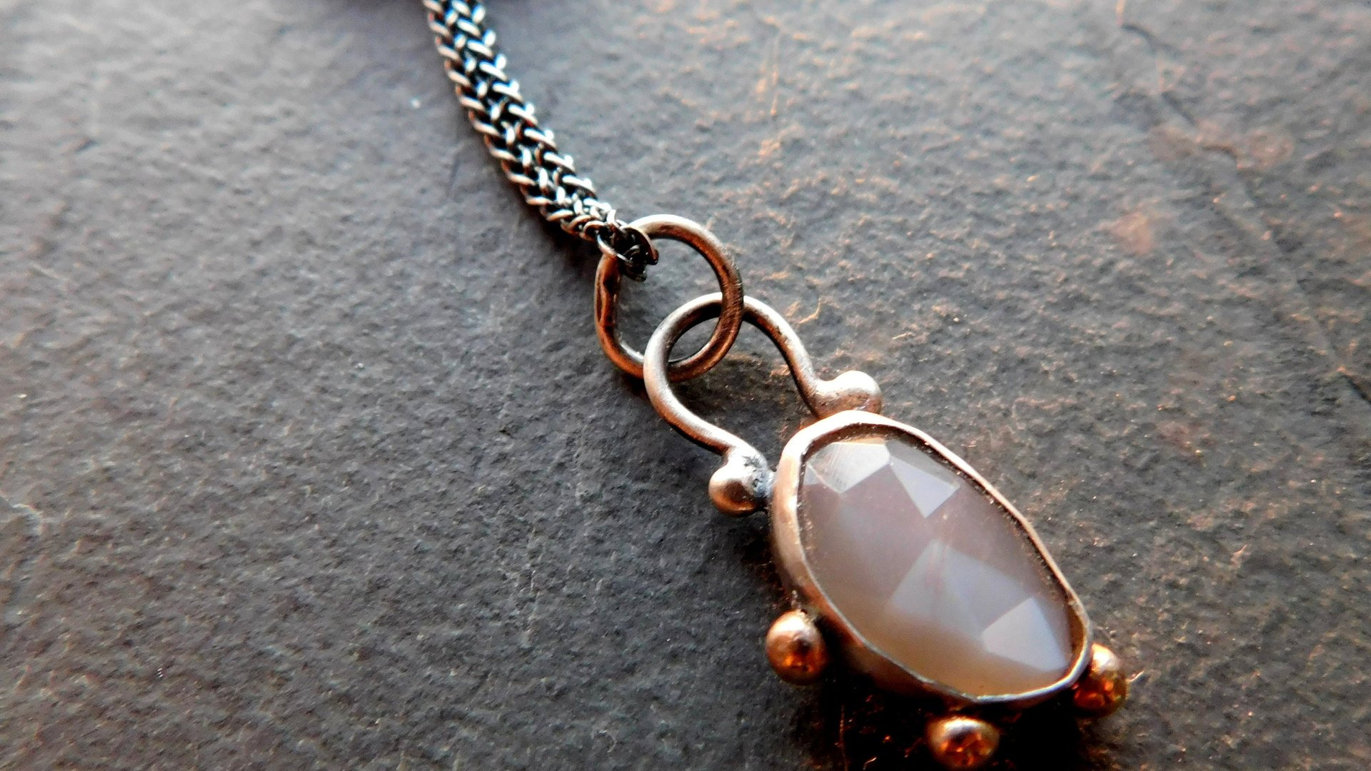 Dark Grey Moonstone Sterling Silver 14K Gold Asymmetrical Minimalist Pendant Necklace