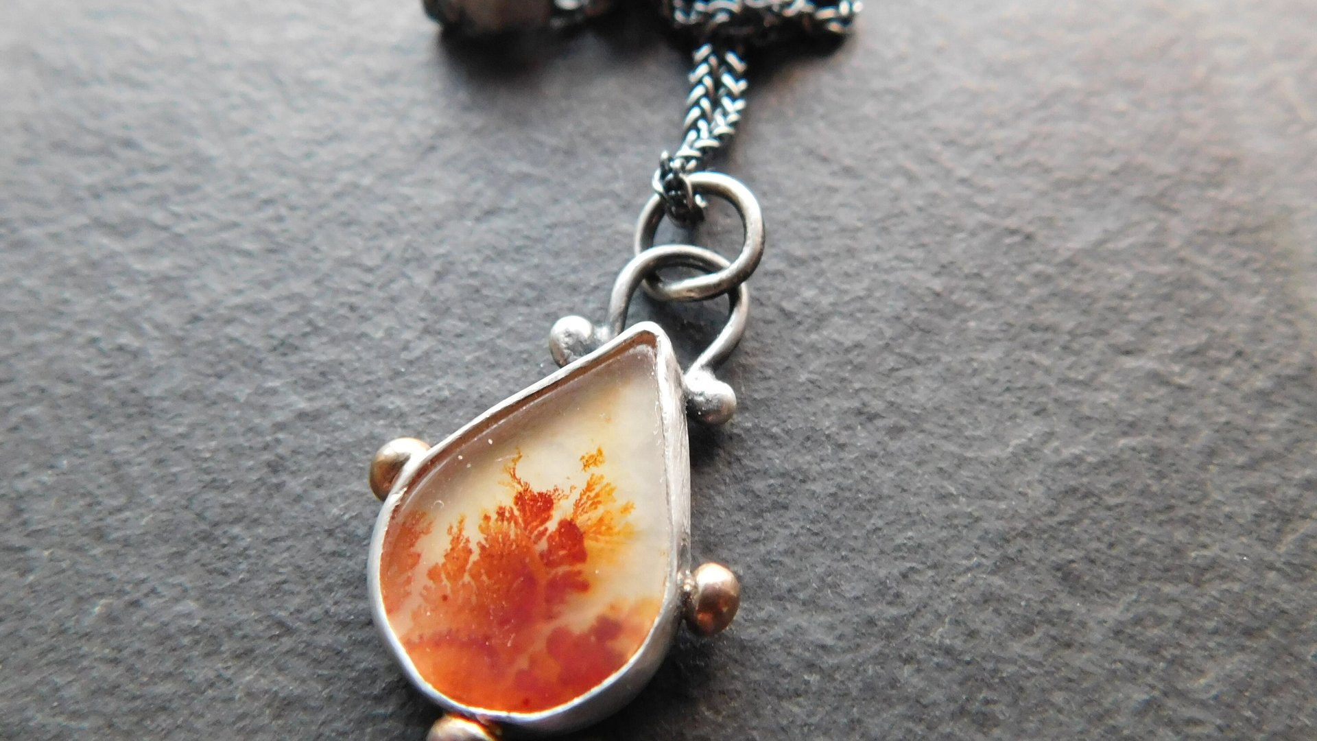 Orange Fall Foliage Dendritic Agate Scenic Stone Sterling Silver 14K Gold Minimalist Pendant Necklace