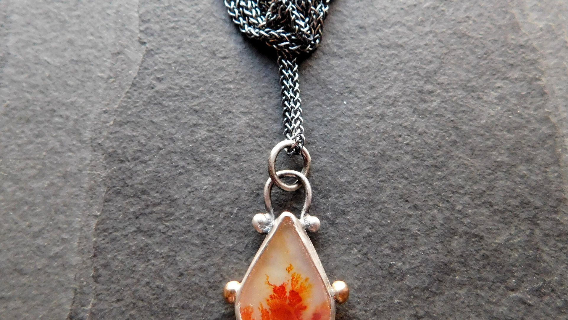 Orange Fall Foliage Dendritic Agate Scenic Stone Sterling Silver 14K Gold Minimalist Pendant Necklace