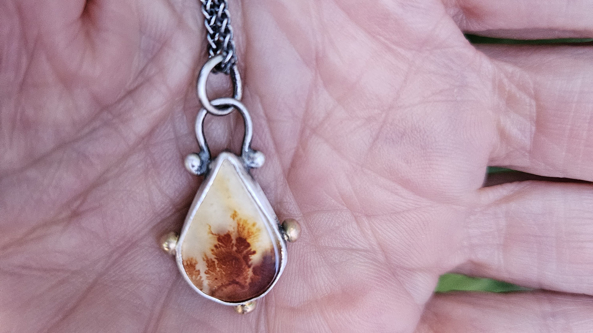 Orange Fall Foliage Dendritic Agate Scenic Stone Sterling Silver 14K Gold Minimalist Pendant Necklace