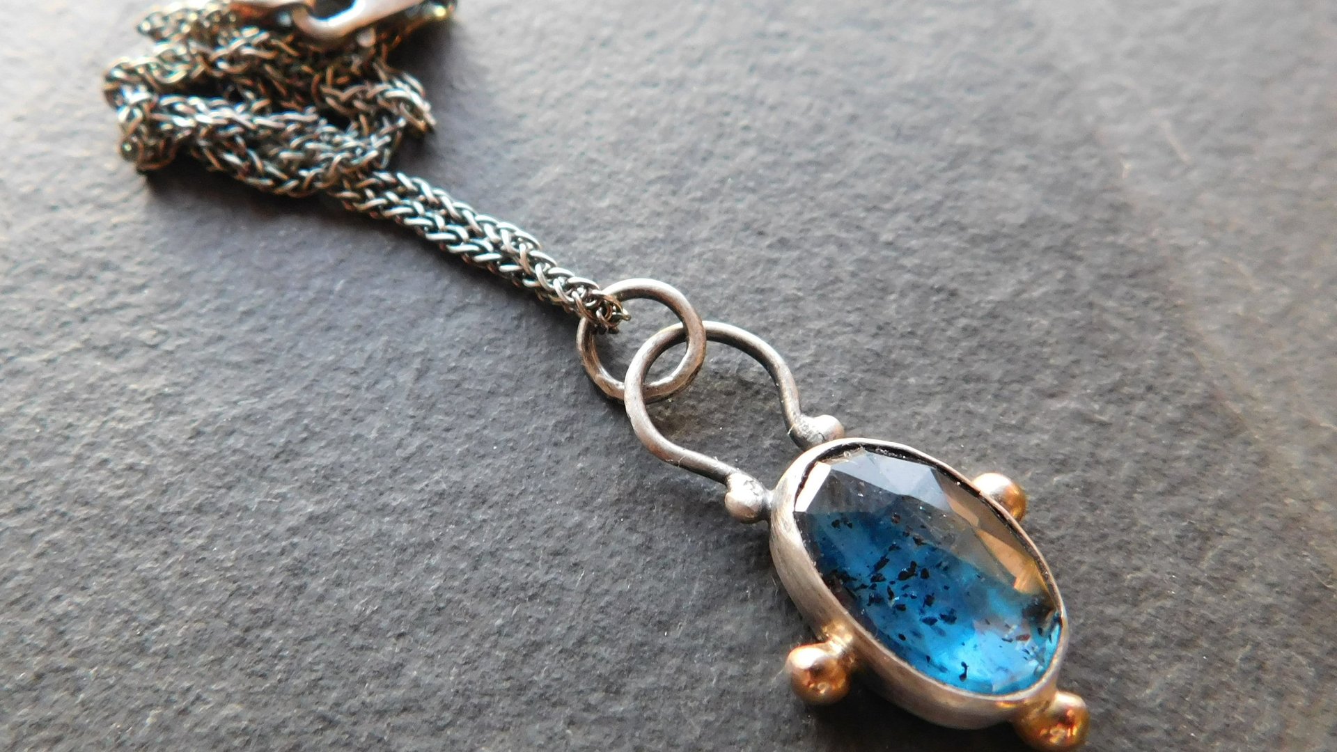 Teal Moss Kyanite Sterling Silver 14K Gold Minimalist Pendant Necklace