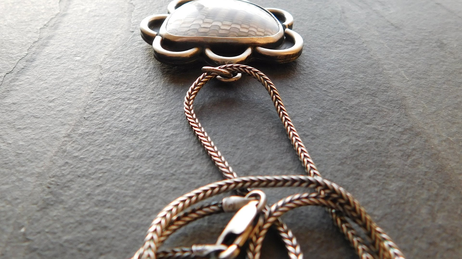 Fossil Clam Shell Scalloped Edge Oxidized Sterling Silver Pendant Necklace