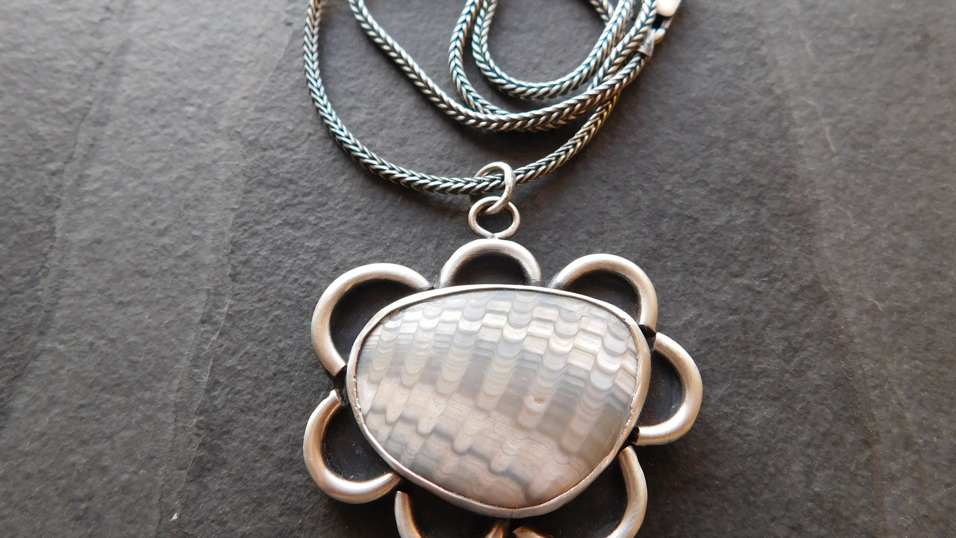 Fossil Clam Shell Scalloped Edge Oxidized Sterling Silver Pendant Necklace