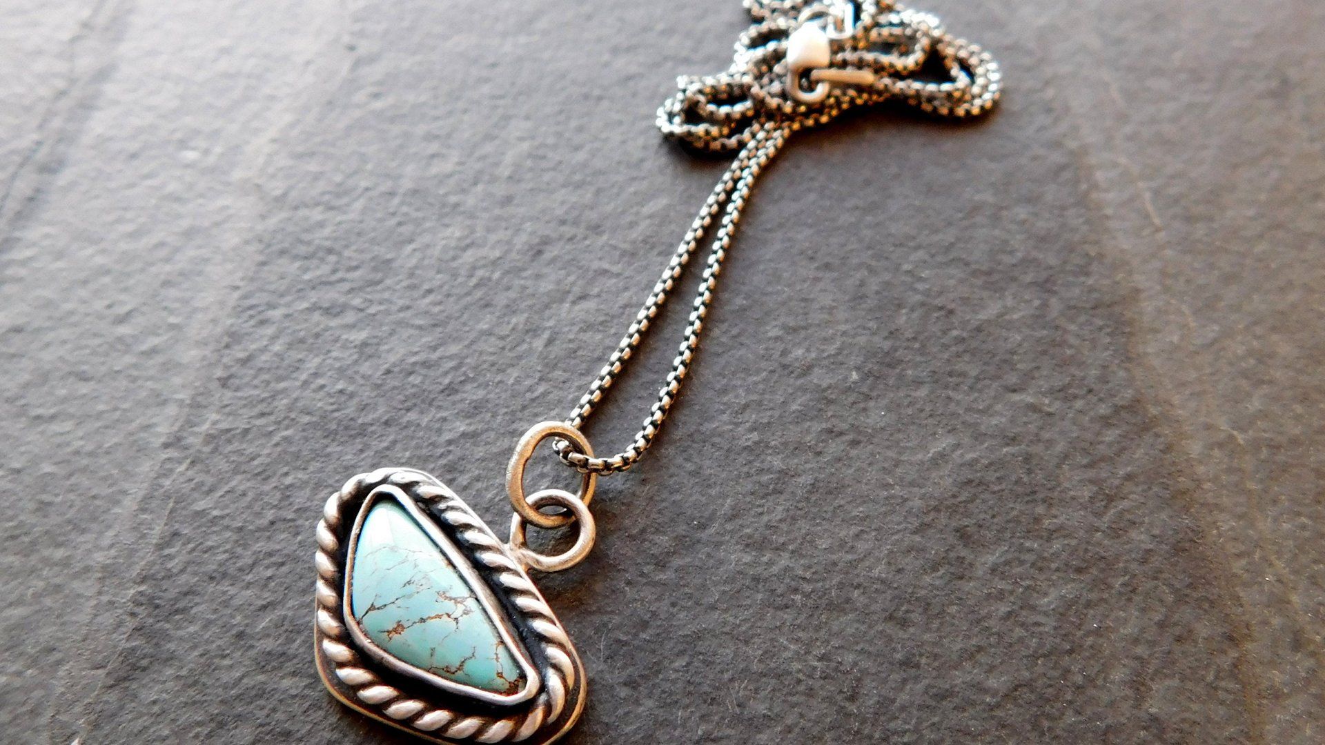 Royston American Turquoise Oxidized Sterling Silver Rope Trim Dainty Pendant Necklace
