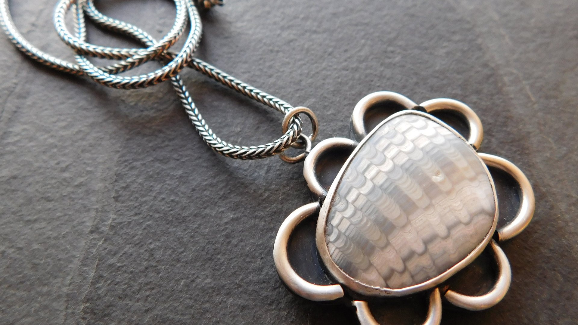 Fossil Clam Shell Scalloped Edge Oxidized Sterling Silver Pendant Necklace