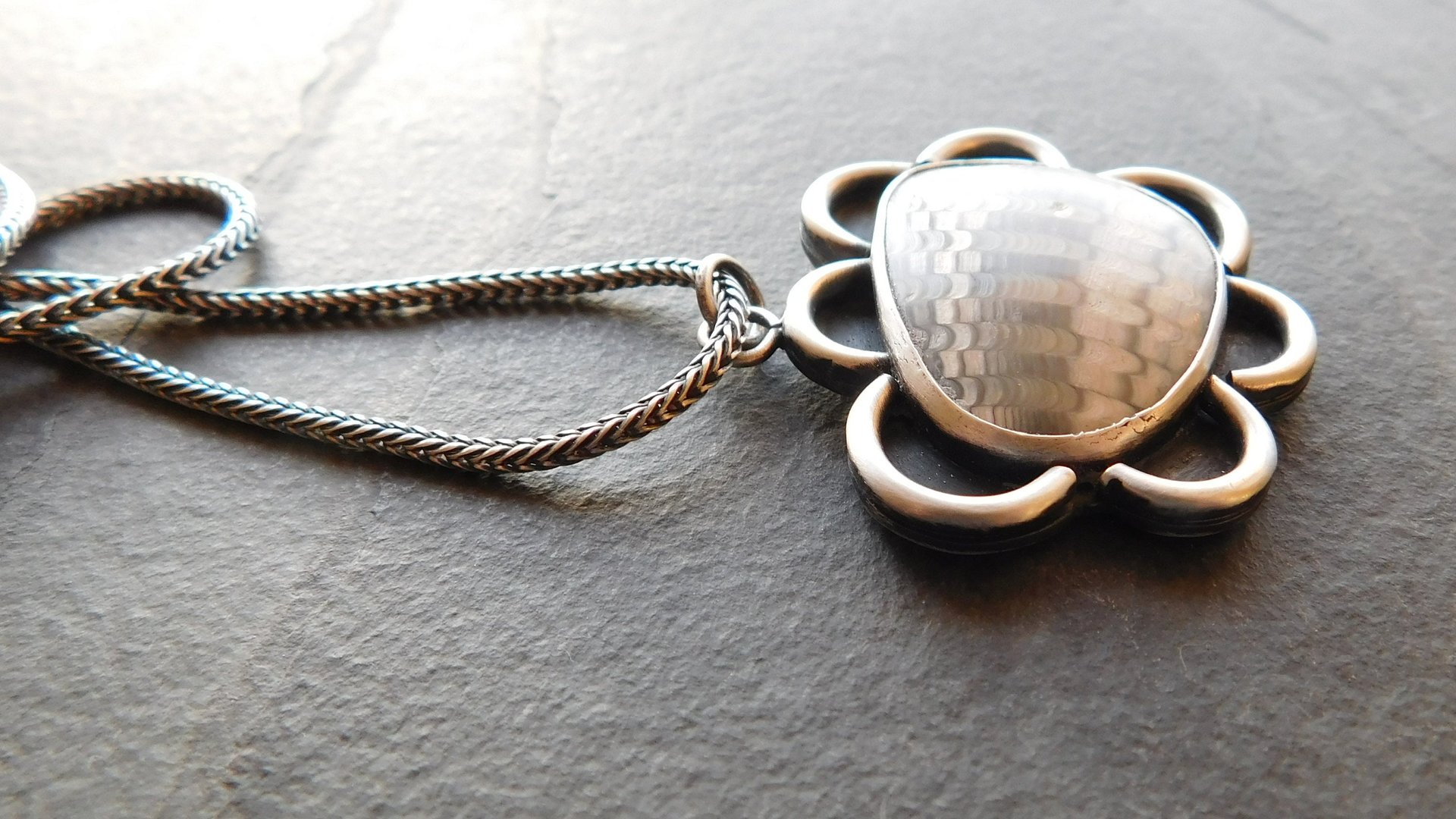 Fossil Clam Shell Scalloped Edge Oxidized Sterling Silver Pendant Necklace