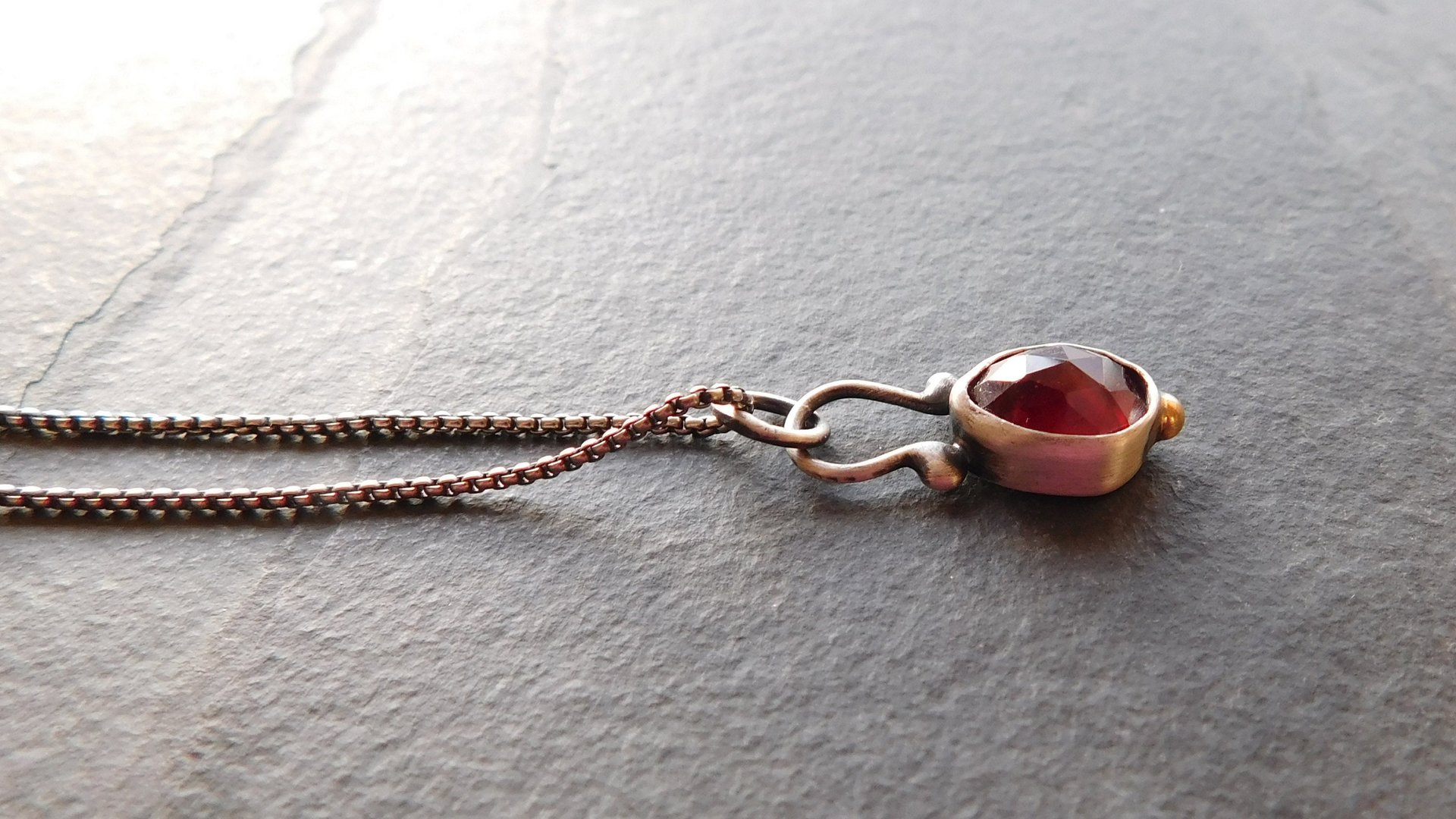Rosecut Dark Burgundy Wine Garnet Sterling Silver 14K Gold Minimalist Pendant Necklace