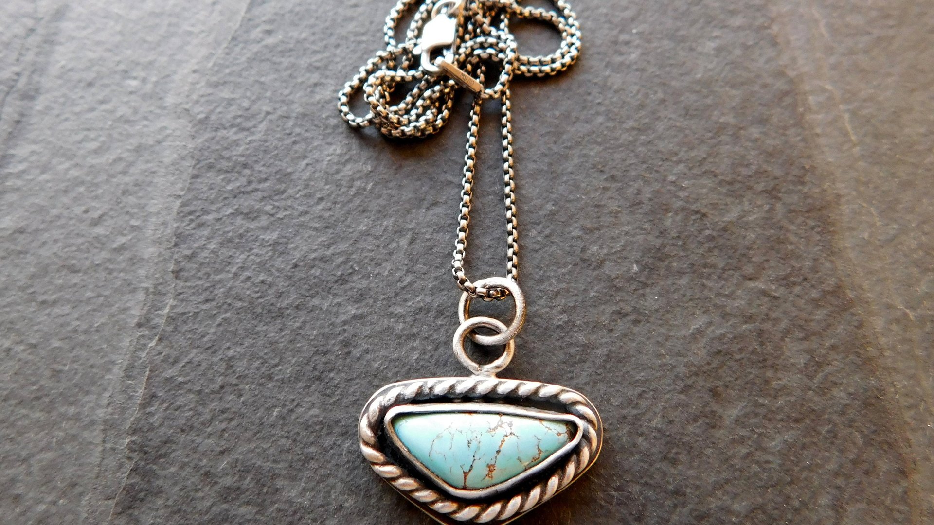 Royston American Turquoise Oxidized Sterling Silver Rope Trim Dainty Pendant Necklace