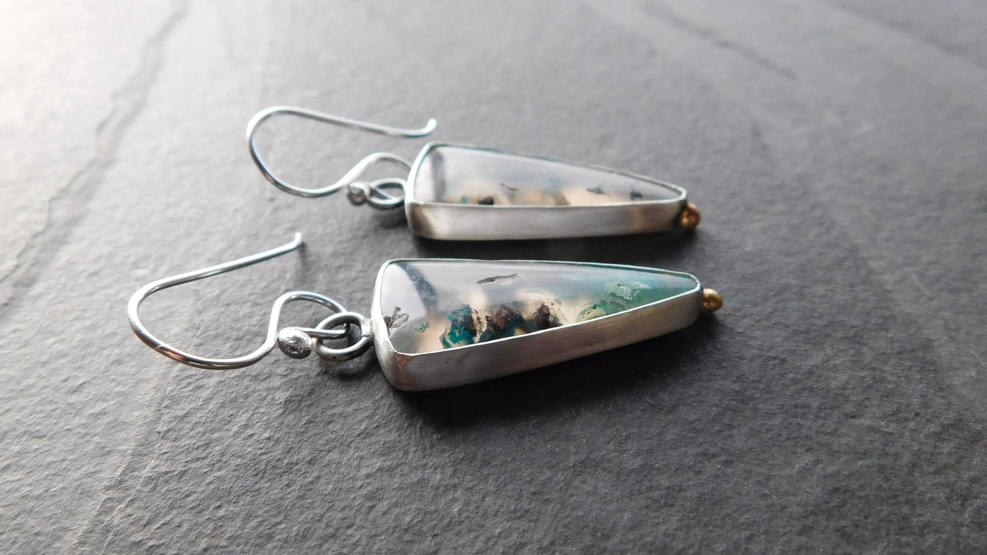 Chrysocolla Malachite With Copper Confetti Stones Sterling Silver 14K Gold Accent Dangle Earrings