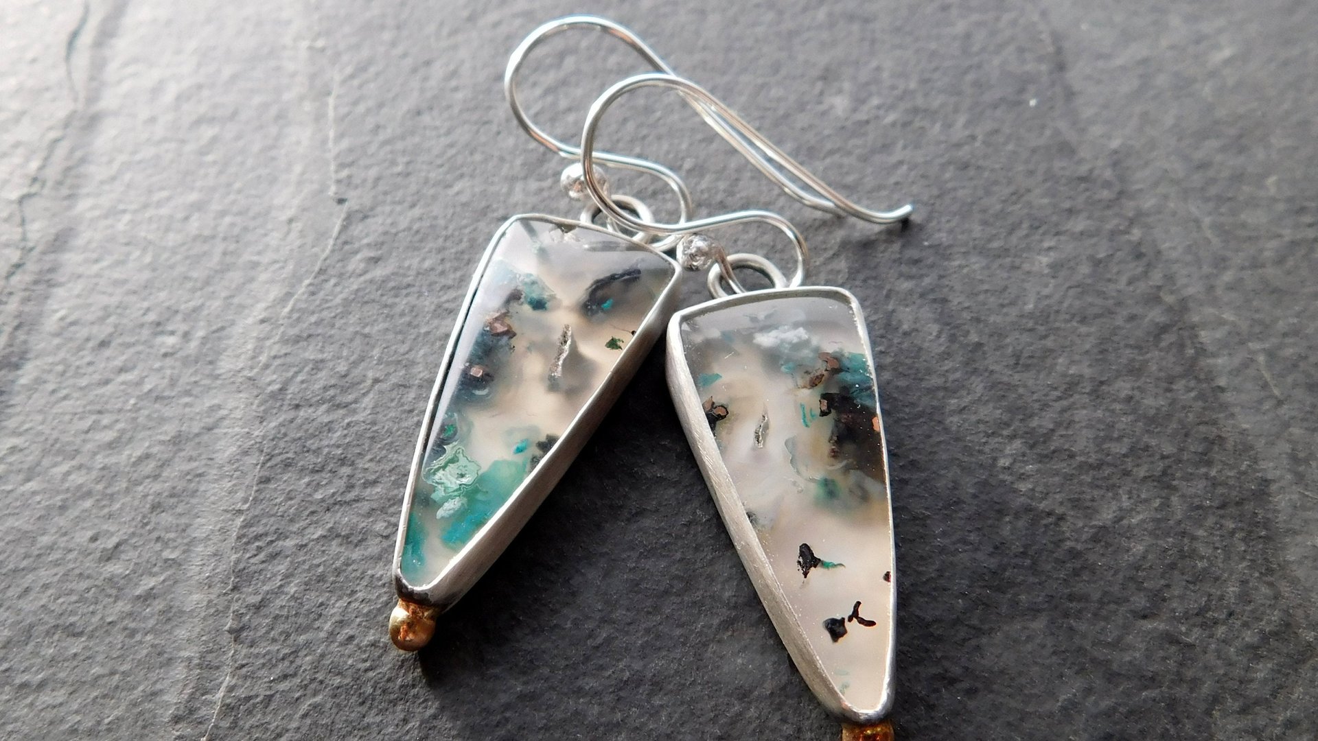 Chrysocolla Malachite With Copper Confetti Stones Sterling Silver 14K Gold Accent Dangle Earrings