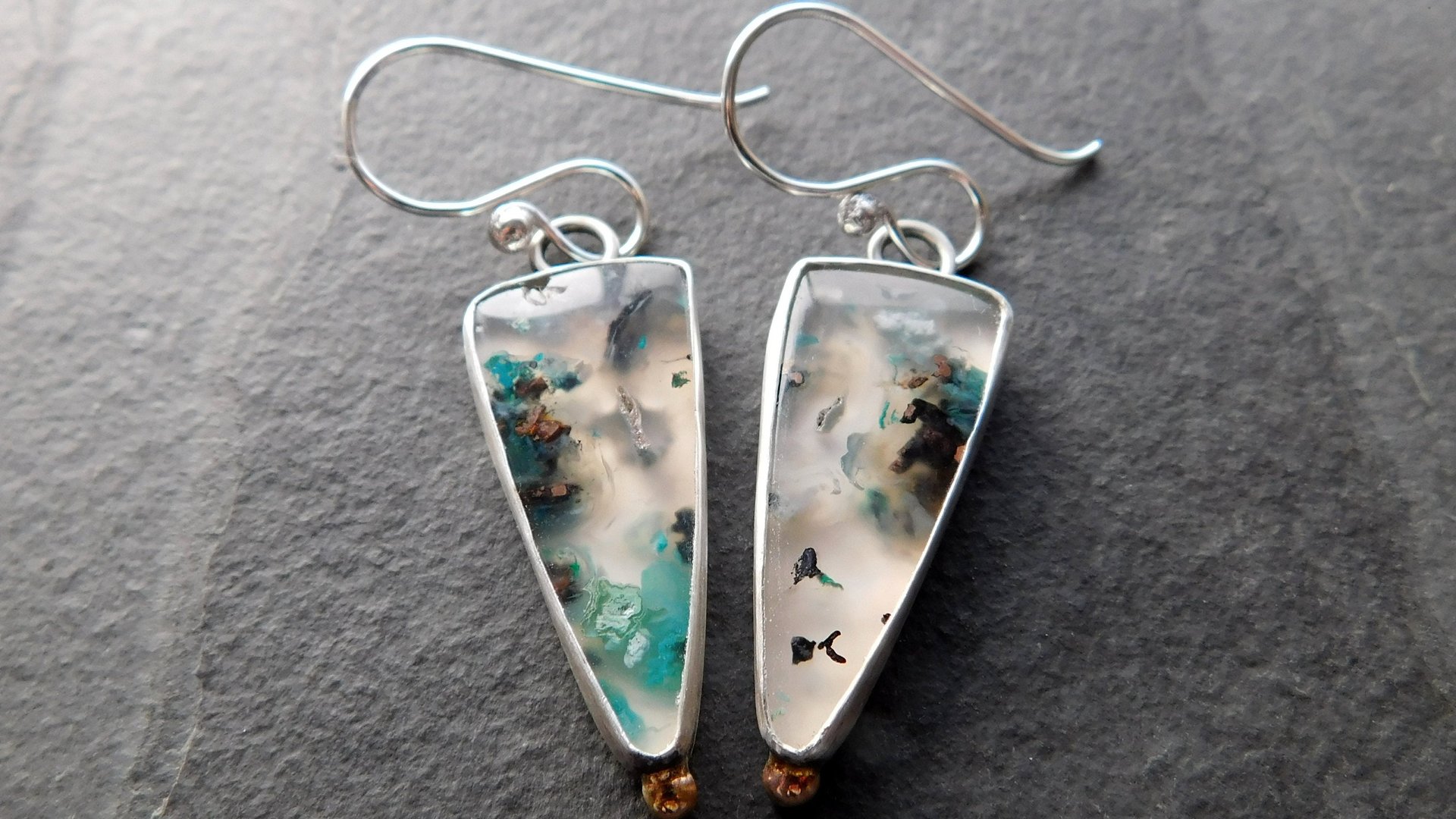 Chrysocolla Malachite With Copper Confetti Stones Sterling Silver 14K Gold Accent Dangle Earrings