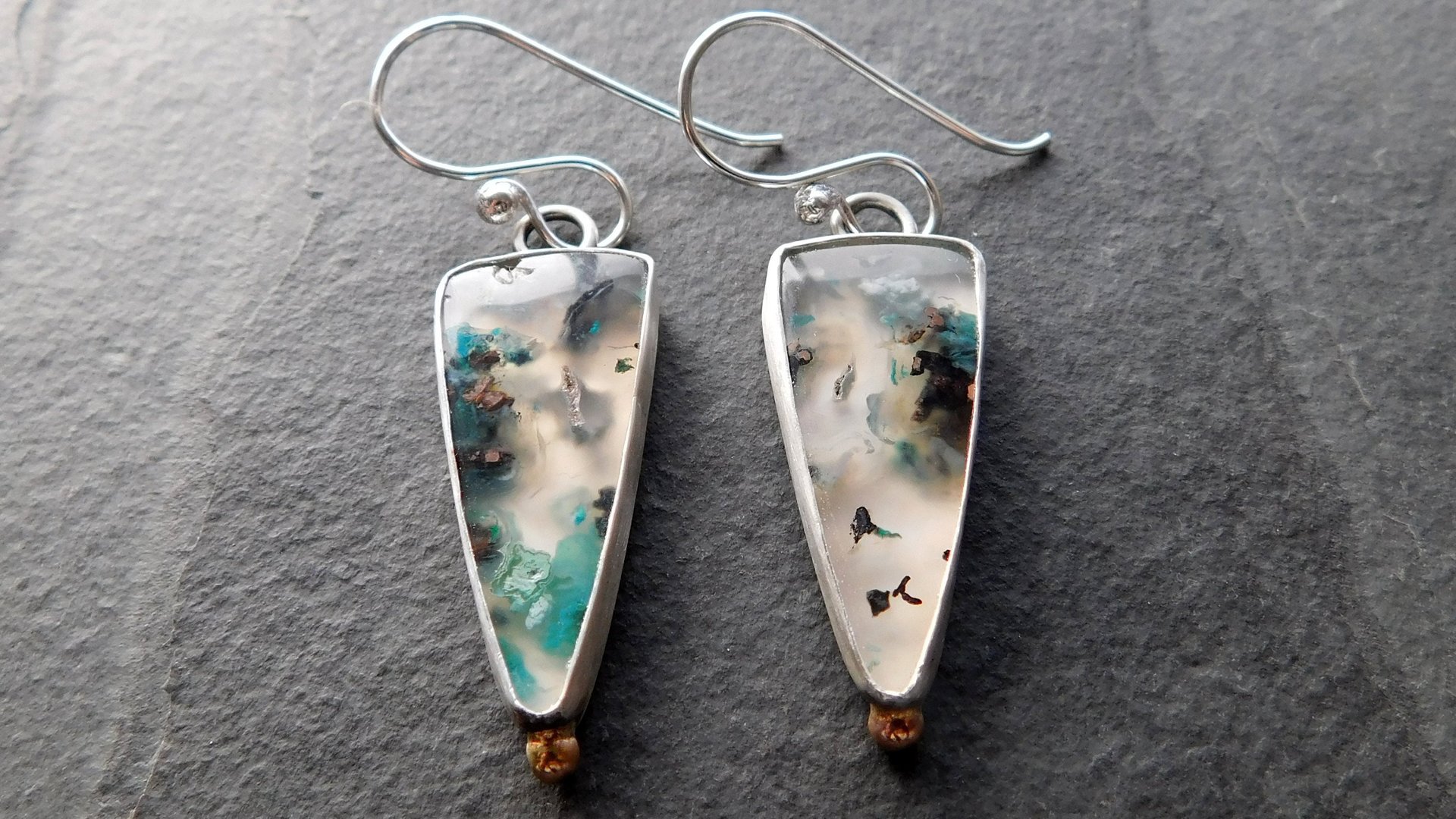 Chrysocolla Malachite With Copper Confetti Stones Sterling Silver 14K Gold Accent Dangle Earrings
