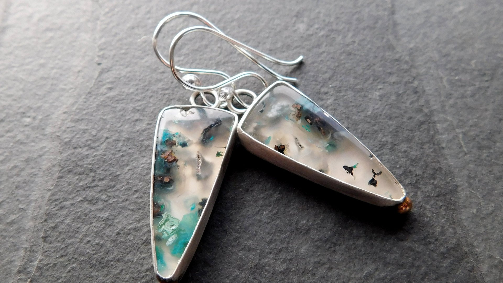 Chrysocolla Malachite With Copper Confetti Stones Sterling Silver 14K Gold Accent Dangle Earrings
