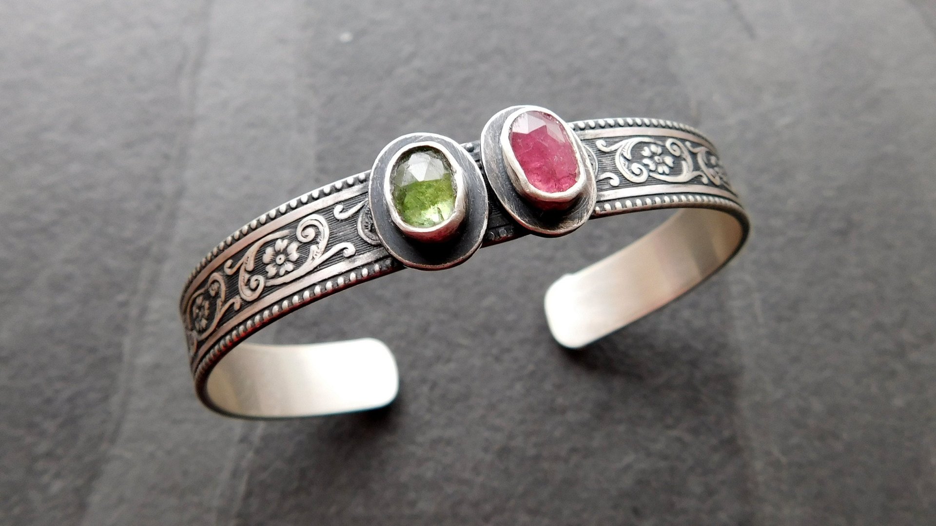 Pink Green Tourmaline Multi Stone Oxidized Sterling Silver Ornate Floral Wire Cuff Bracelet