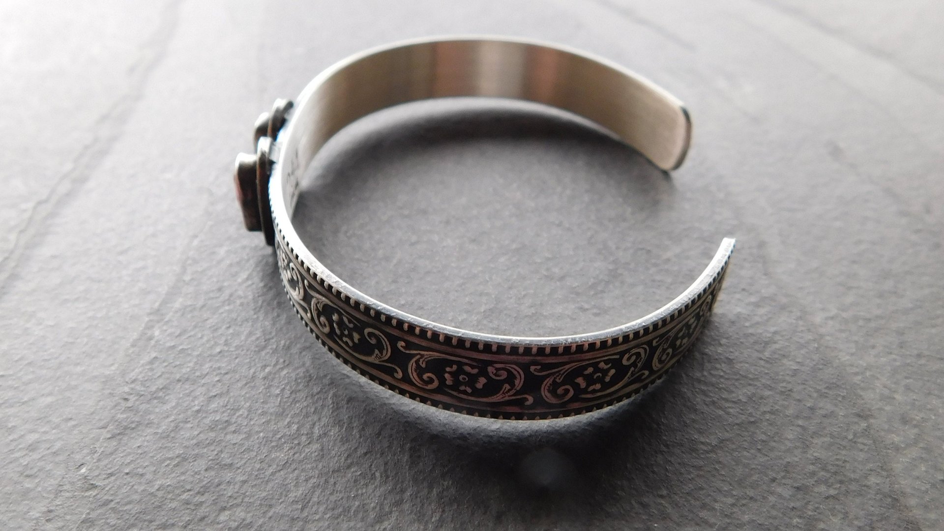 Pink Green Tourmaline Multi Stone Oxidized Sterling Silver Ornate Floral Wire Cuff Bracelet
