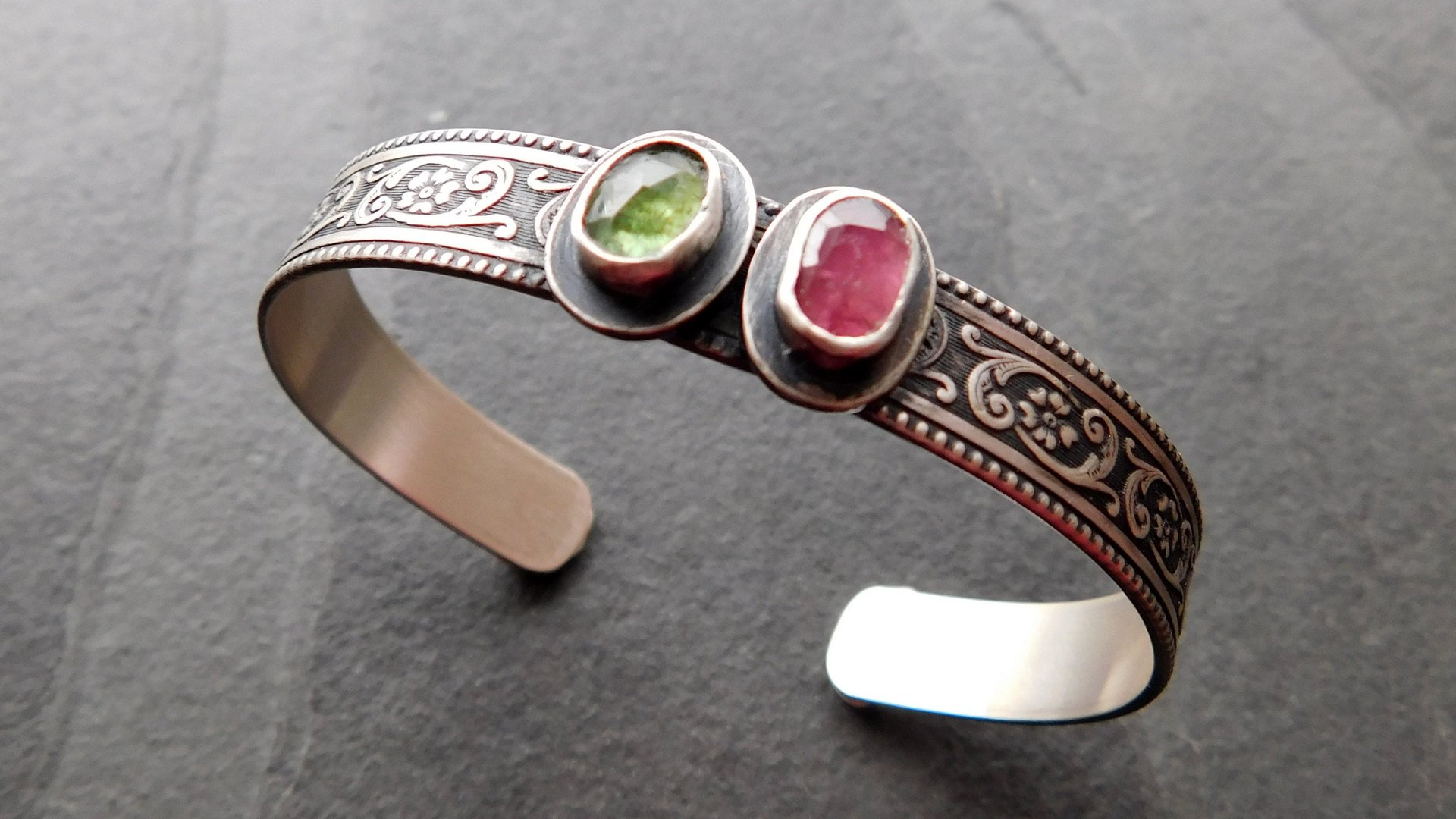 Pink Green Tourmaline Multi Stone Oxidized Sterling Silver Ornate Floral Wire Cuff Bracelet