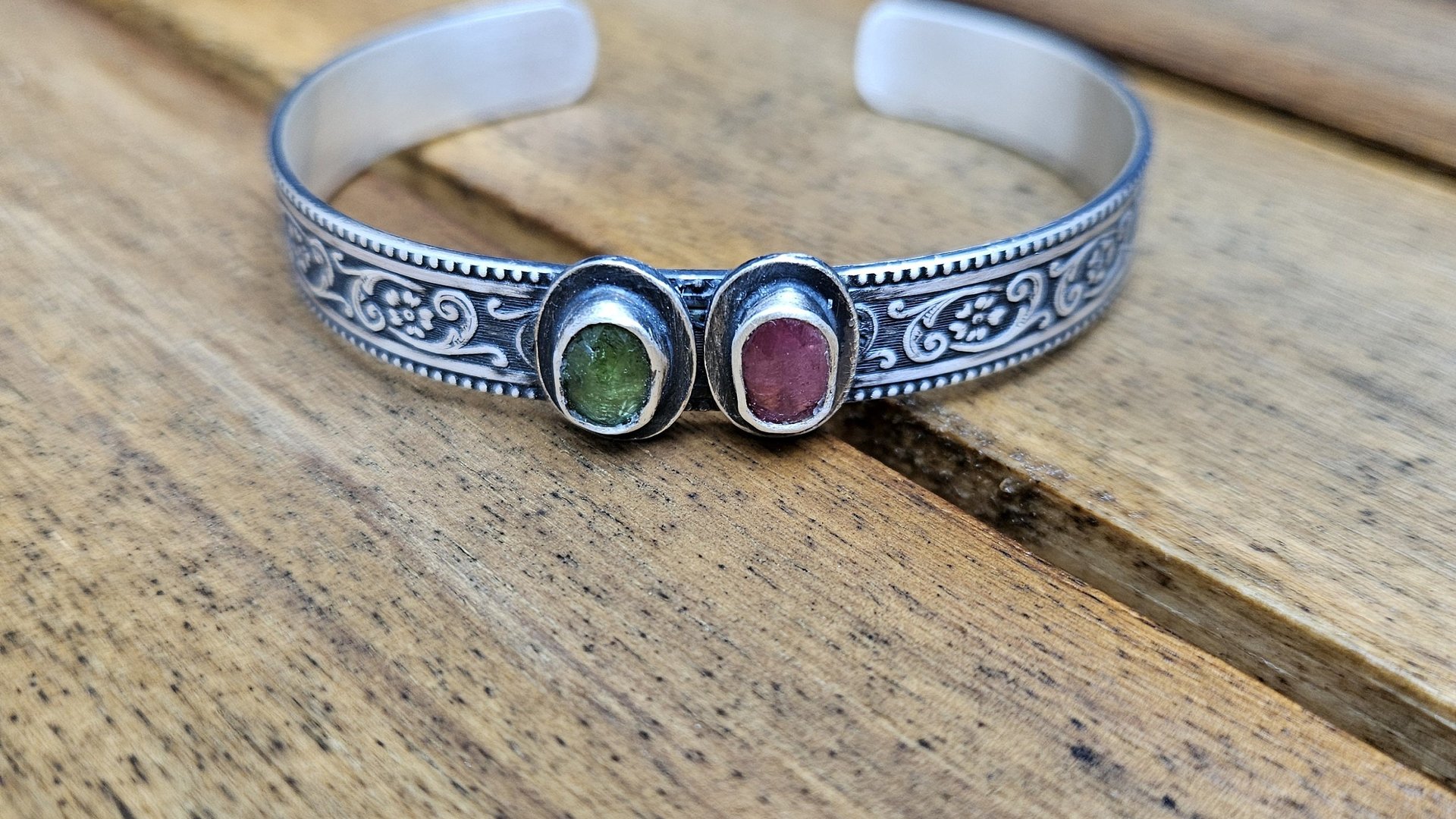 Pink Green Tourmaline Multi Stone Oxidized Sterling Silver Ornate Floral Wire Cuff Bracelet