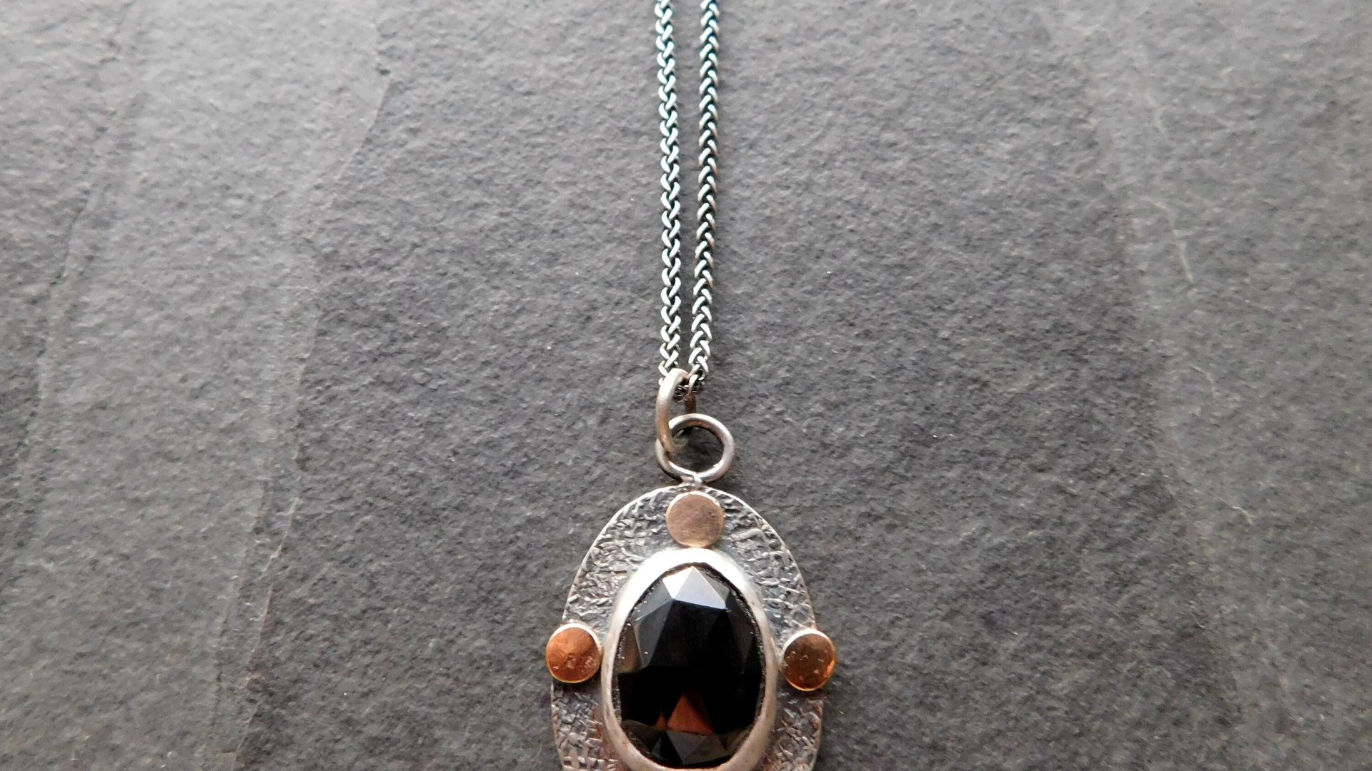 Black Spinel Rosecut Stone Textured Sterling Silver 14K Gold Mixed Metal Pendant Necklace