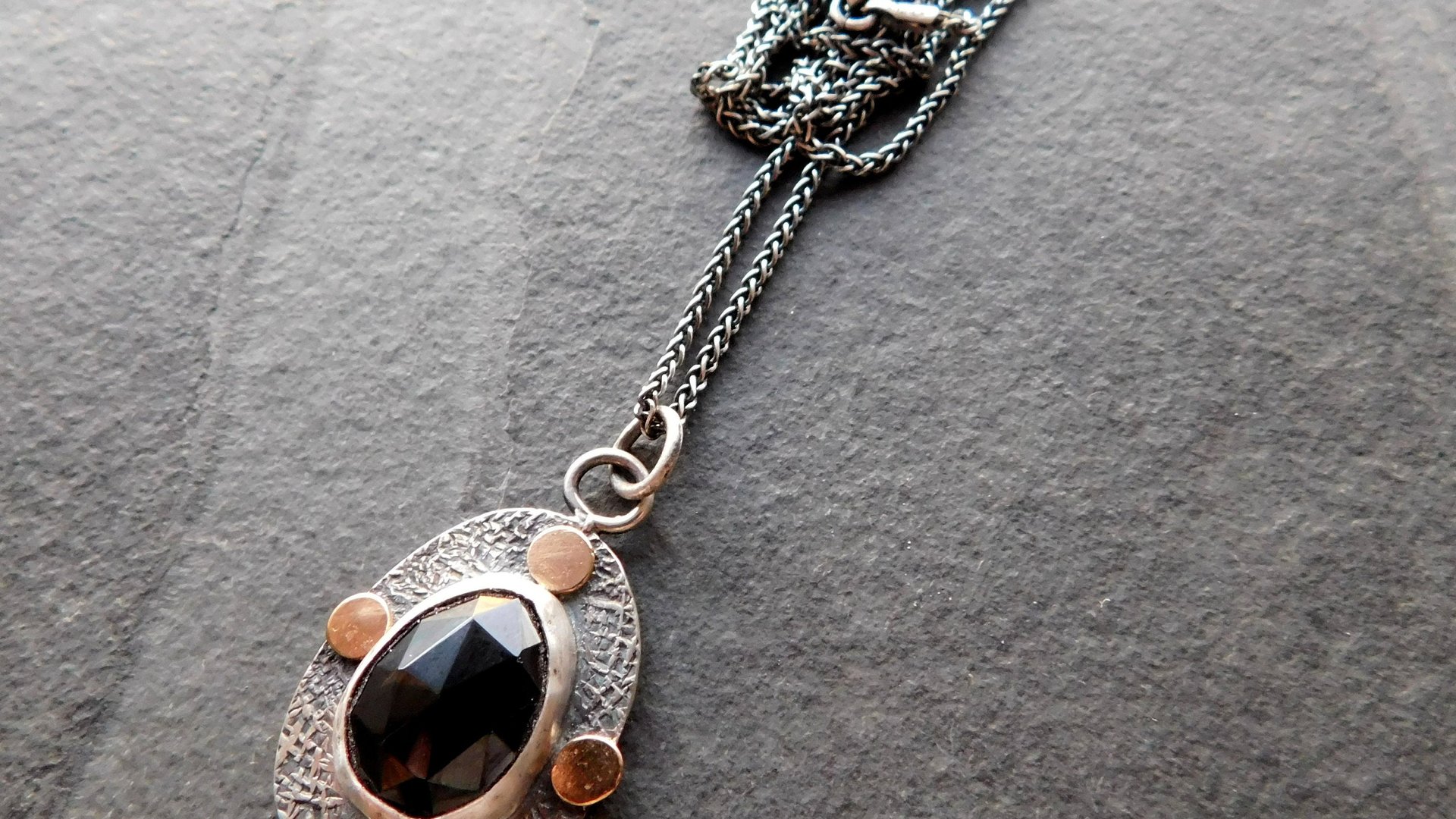 Black Spinel Rosecut Stone Textured Sterling Silver 14K Gold Mixed Metal Pendant Necklace