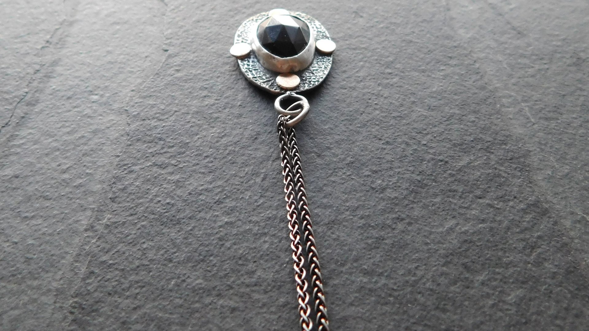 Black Spinel Rosecut Stone Textured Sterling Silver 14K Gold Mixed Metal Pendant Necklace