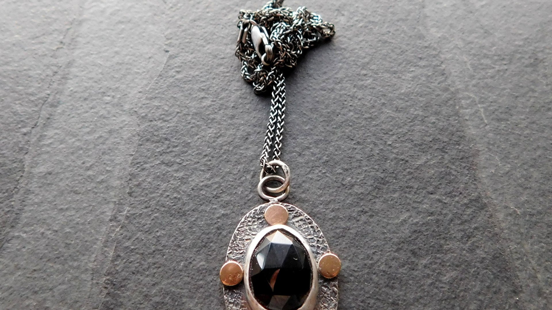 Black Spinel Rosecut Stone Textured Sterling Silver 14K Gold Mixed Metal Pendant Necklace