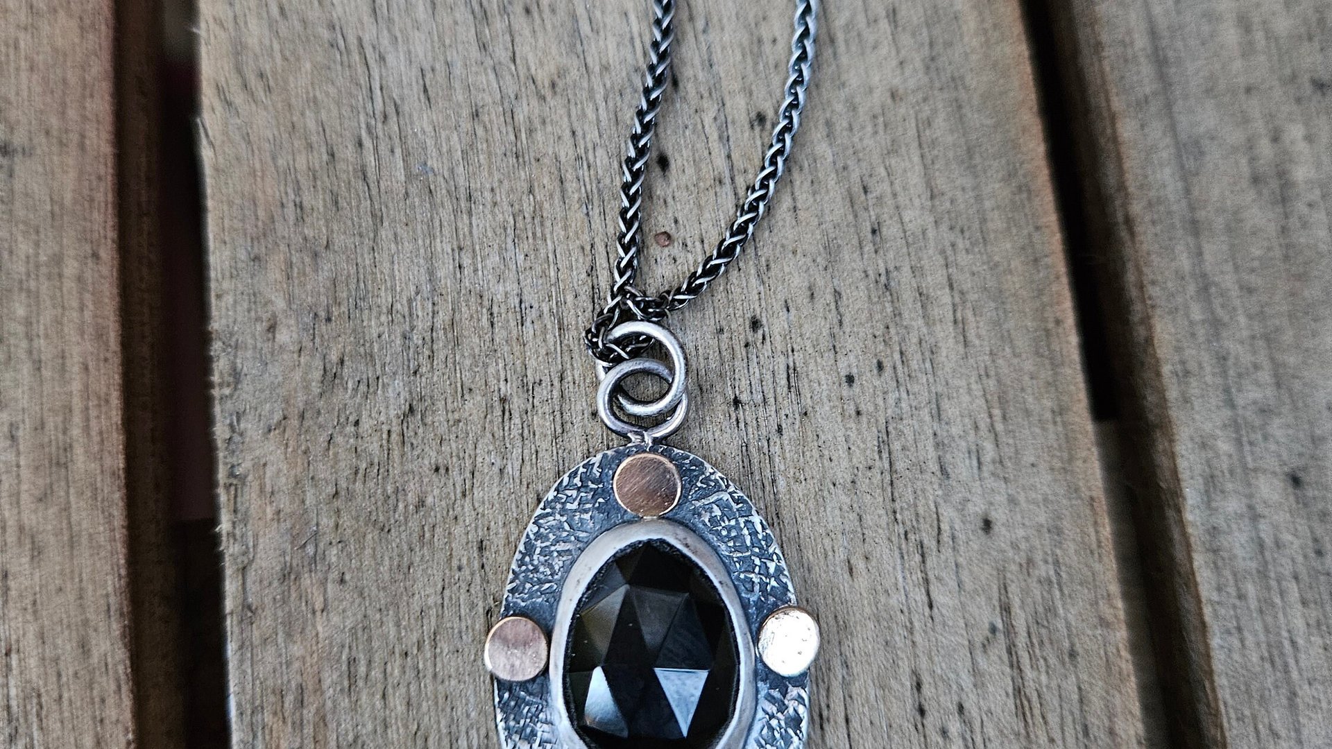 Black Spinel Rosecut Stone Textured Sterling Silver 14K Gold Mixed Metal Pendant Necklace