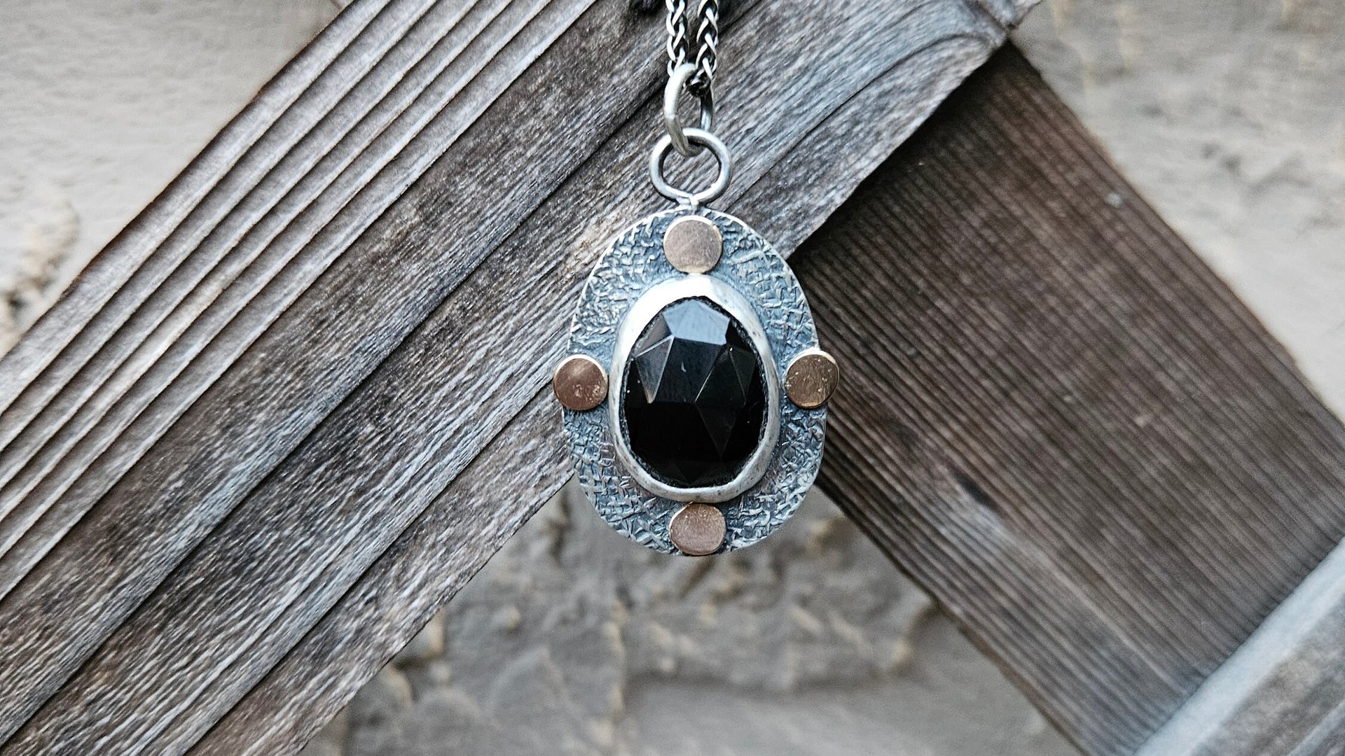 Black Spinel Rosecut Stone Textured Sterling Silver 14K Gold Mixed Metal Pendant Necklace