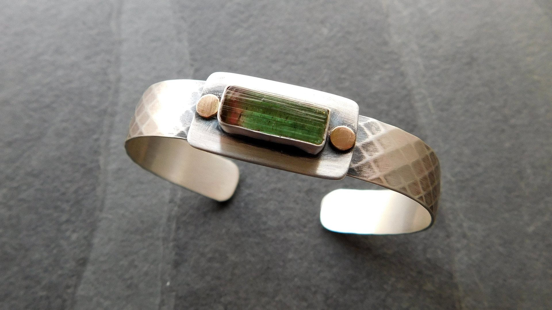 Deep Green Tourmaline Raw Mineral Oxidized Sterling Silver Diamond Patterned Cuff Bracelet