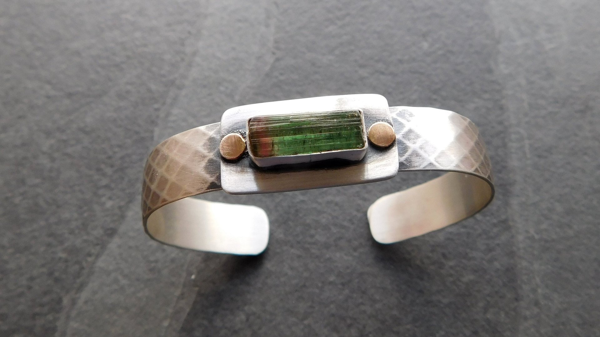 Deep Green Tourmaline Raw Mineral Oxidized Sterling Silver Diamond Patterned Cuff Bracelet