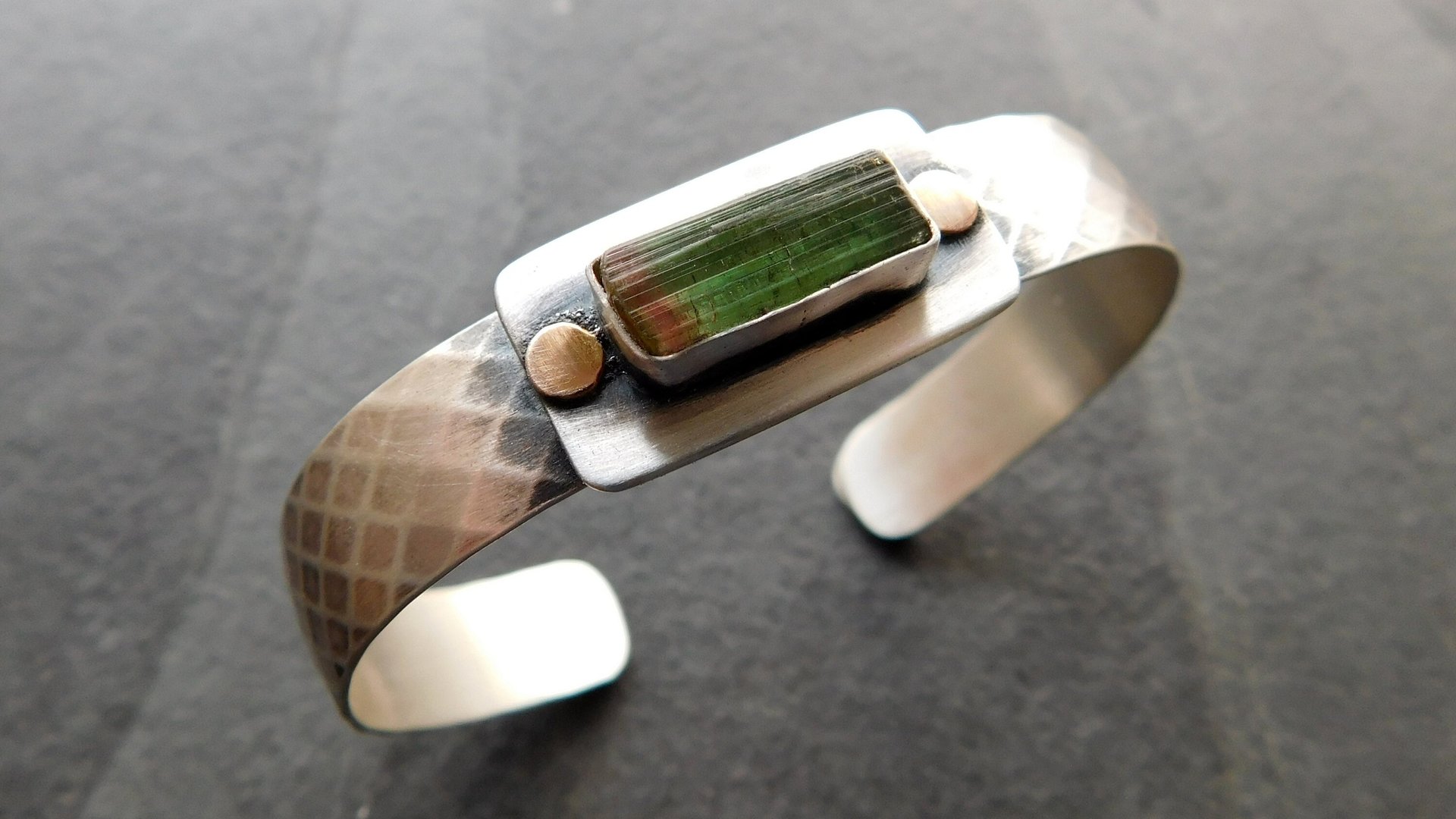 Deep Green Tourmaline Raw Mineral Oxidized Sterling Silver Diamond Patterned Cuff Bracelet