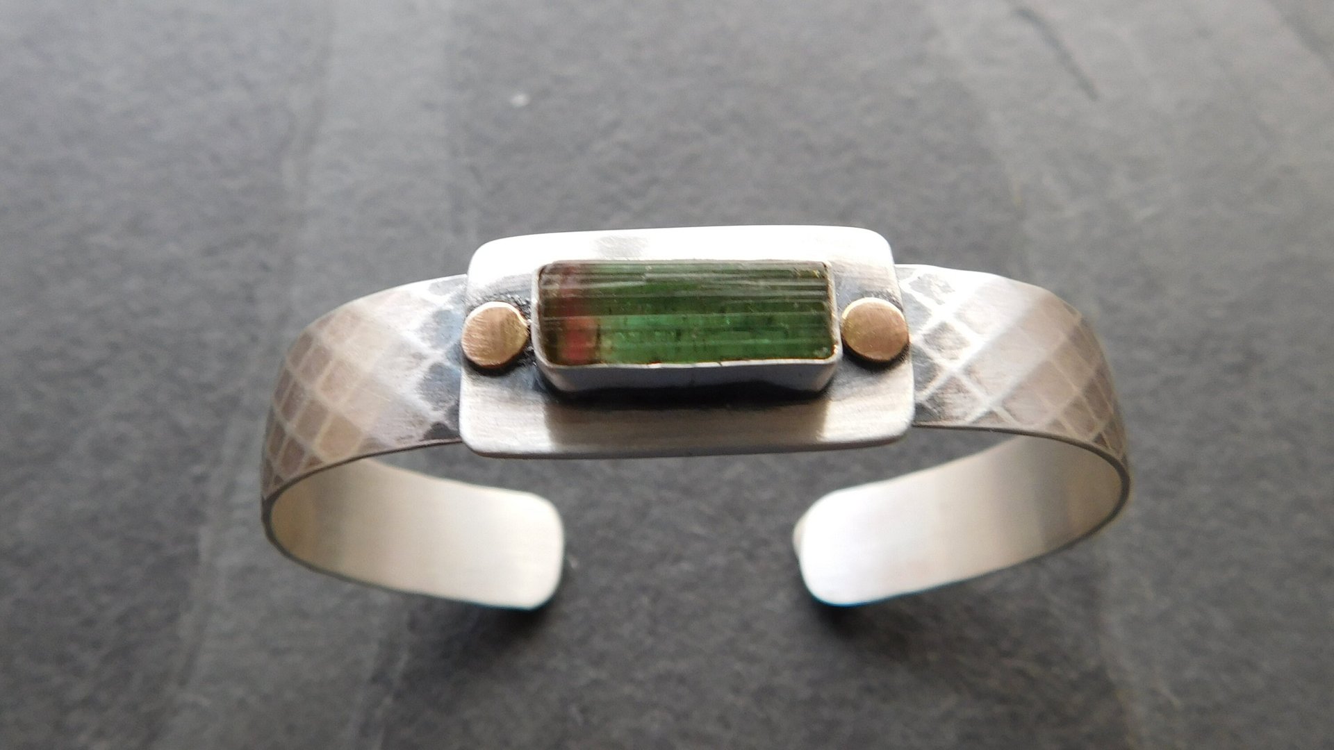 Deep Green Tourmaline Raw Mineral Oxidized Sterling Silver Diamond Patterned Cuff Bracelet