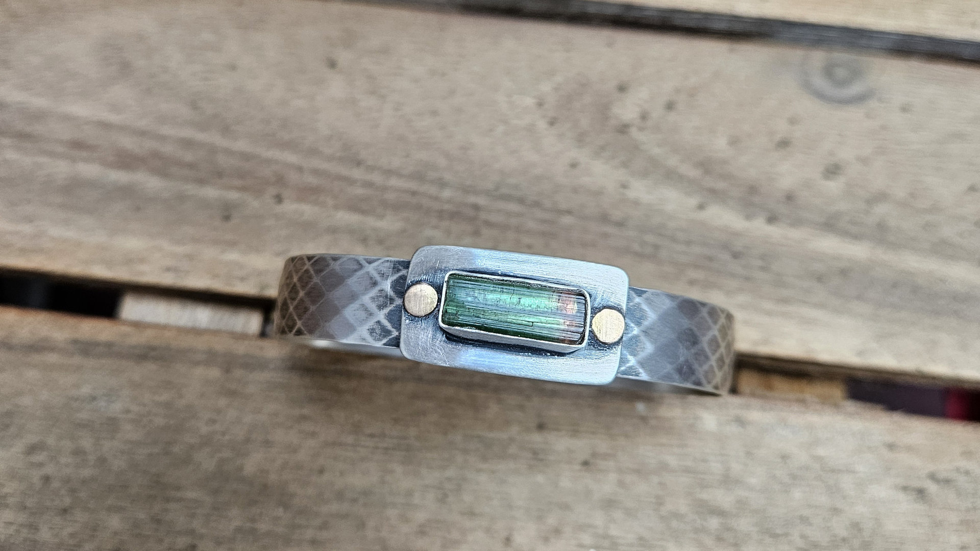 Deep Green Tourmaline Raw Mineral Oxidized Sterling Silver Diamond Patterned Cuff Bracelet