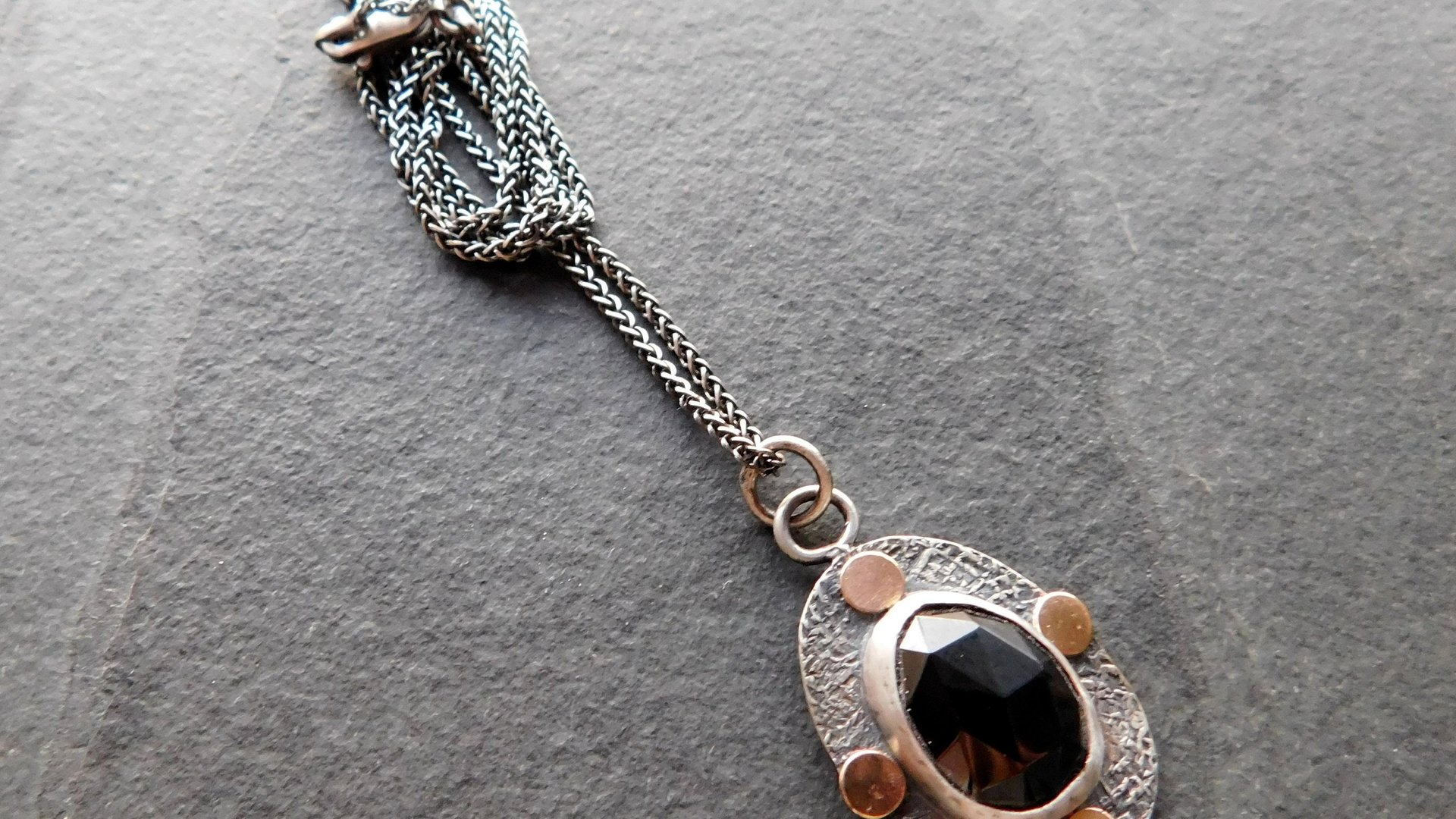 Black Spinel Rosecut Stone Textured Sterling Silver 14K Gold Mixed Metal Pendant Necklace
