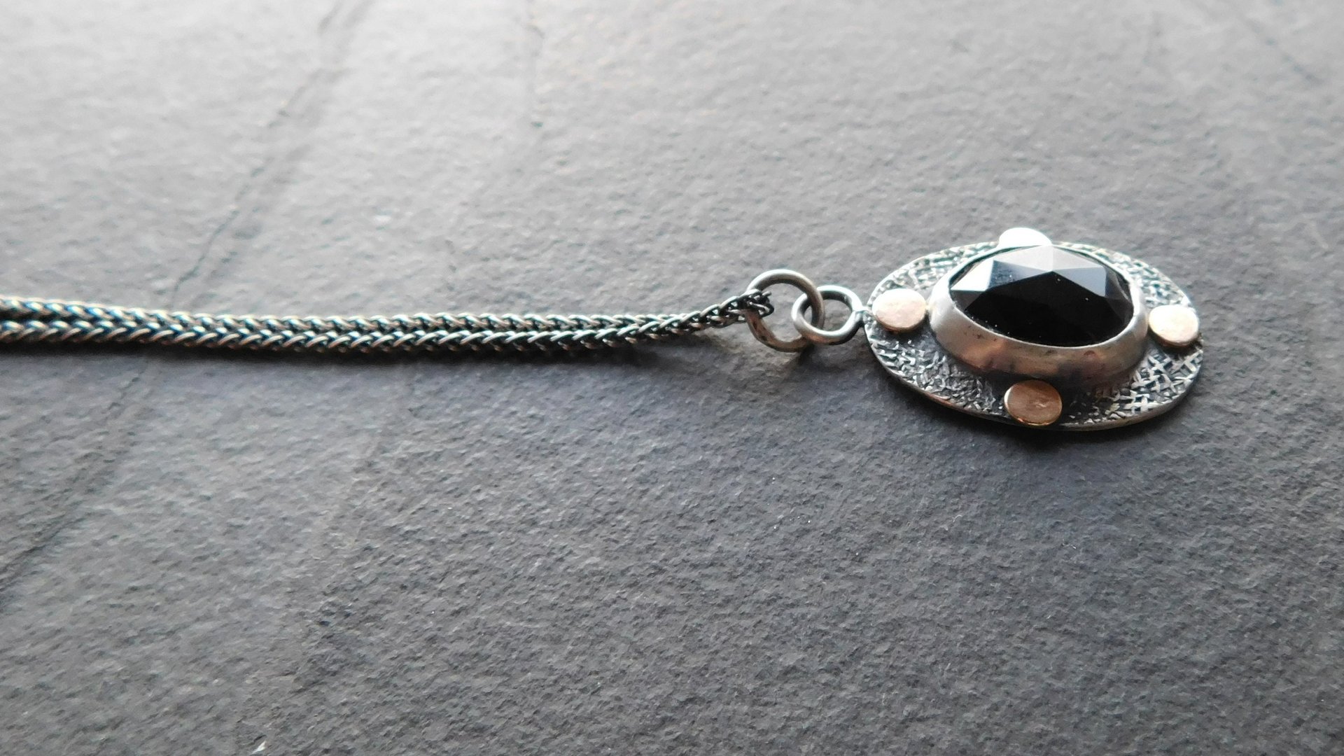 Black Spinel Rosecut Stone Textured Sterling Silver 14K Gold Mixed Metal Pendant Necklace
