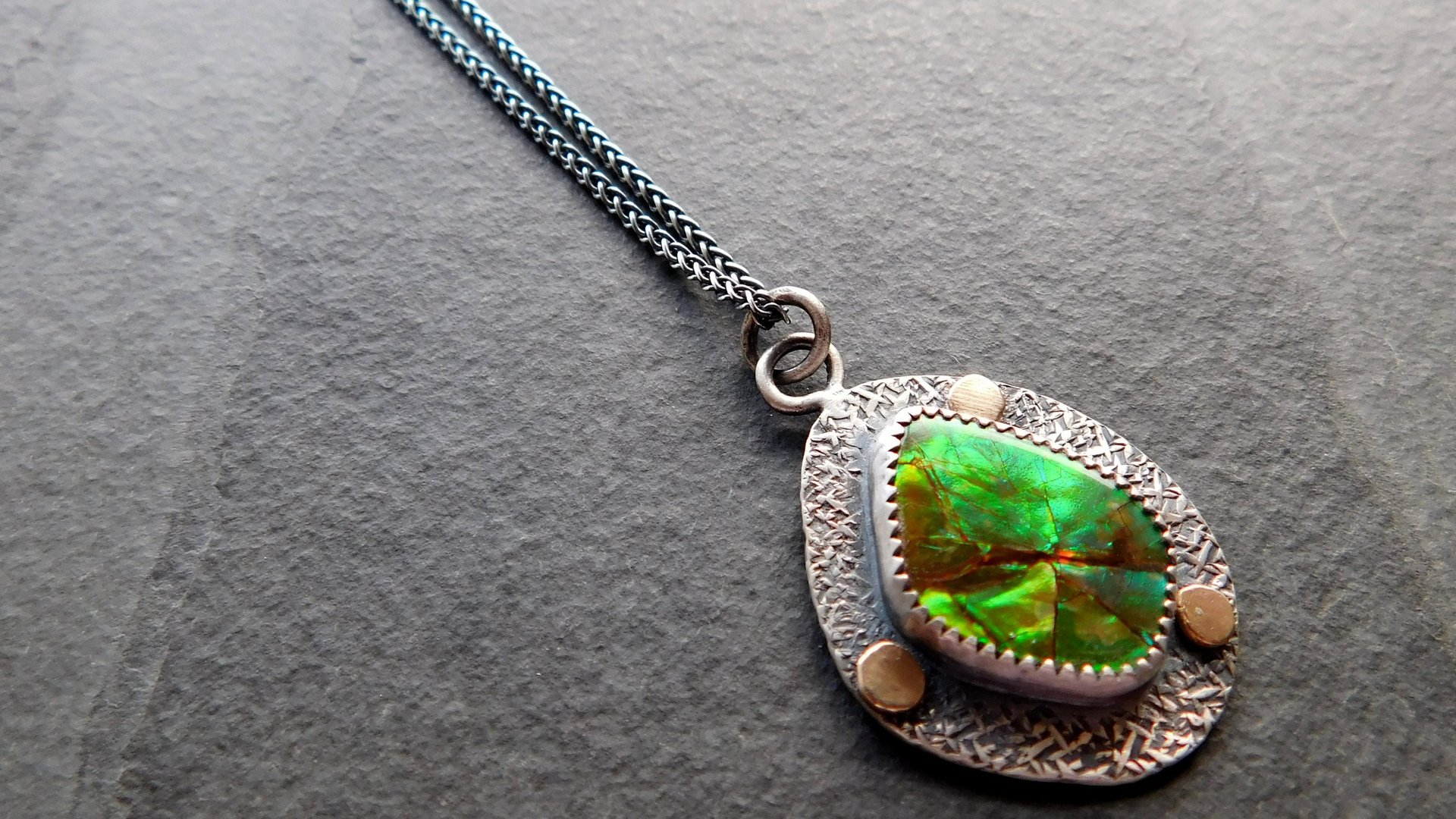 Neon Green Orange Flash Ammolite Oxidized Sterling Silver 14K Gold Textured Pendant Necklace