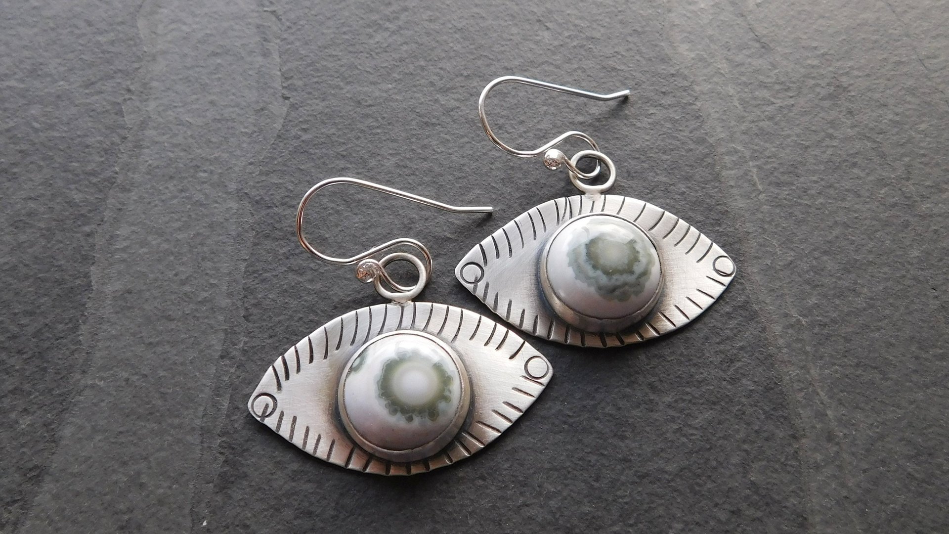 Green Ocean Jasper Eye Sterling Silver Stamped Dangle Earrings