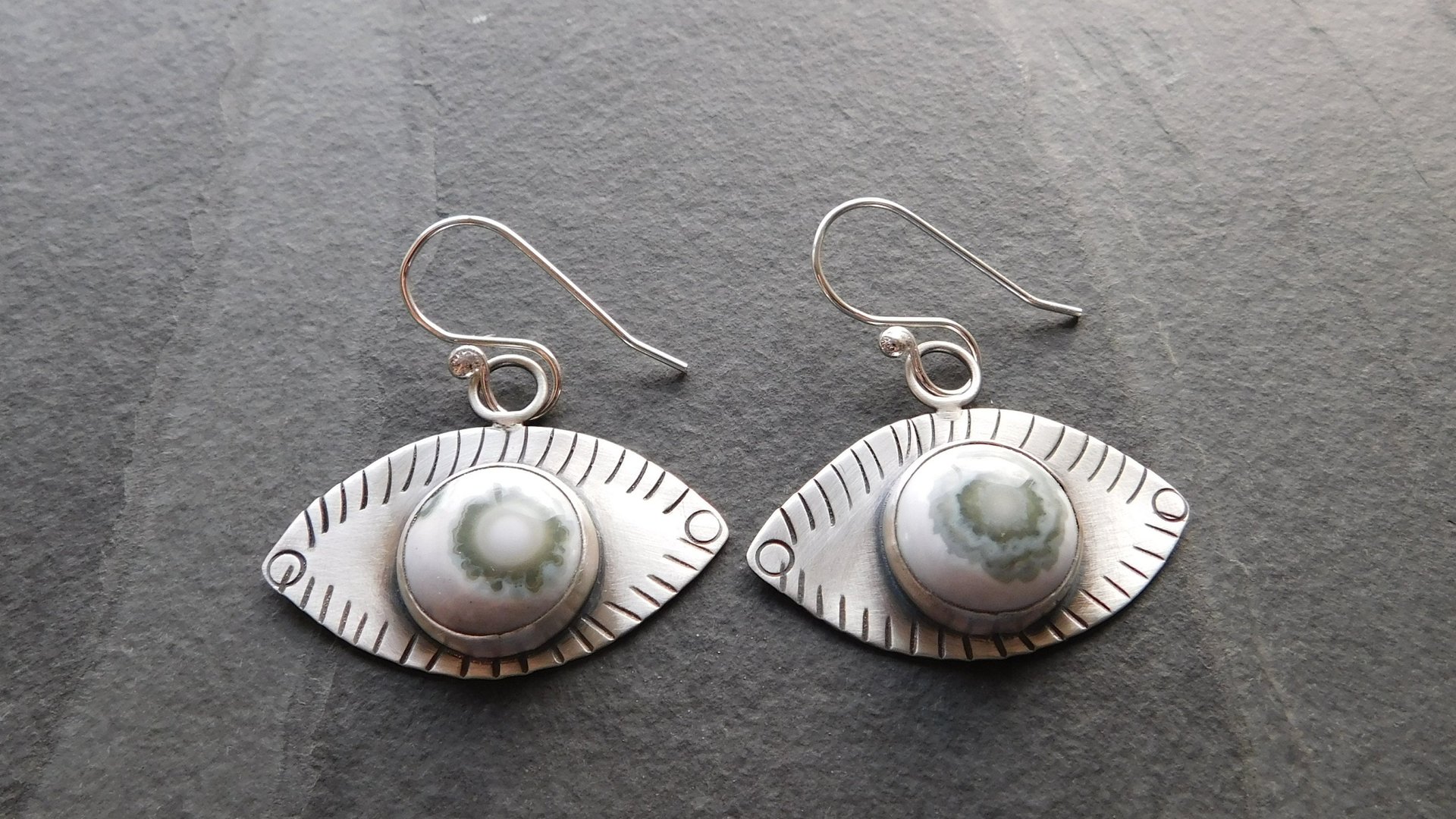 Green Ocean Jasper Eye Sterling Silver Stamped Dangle Earrings