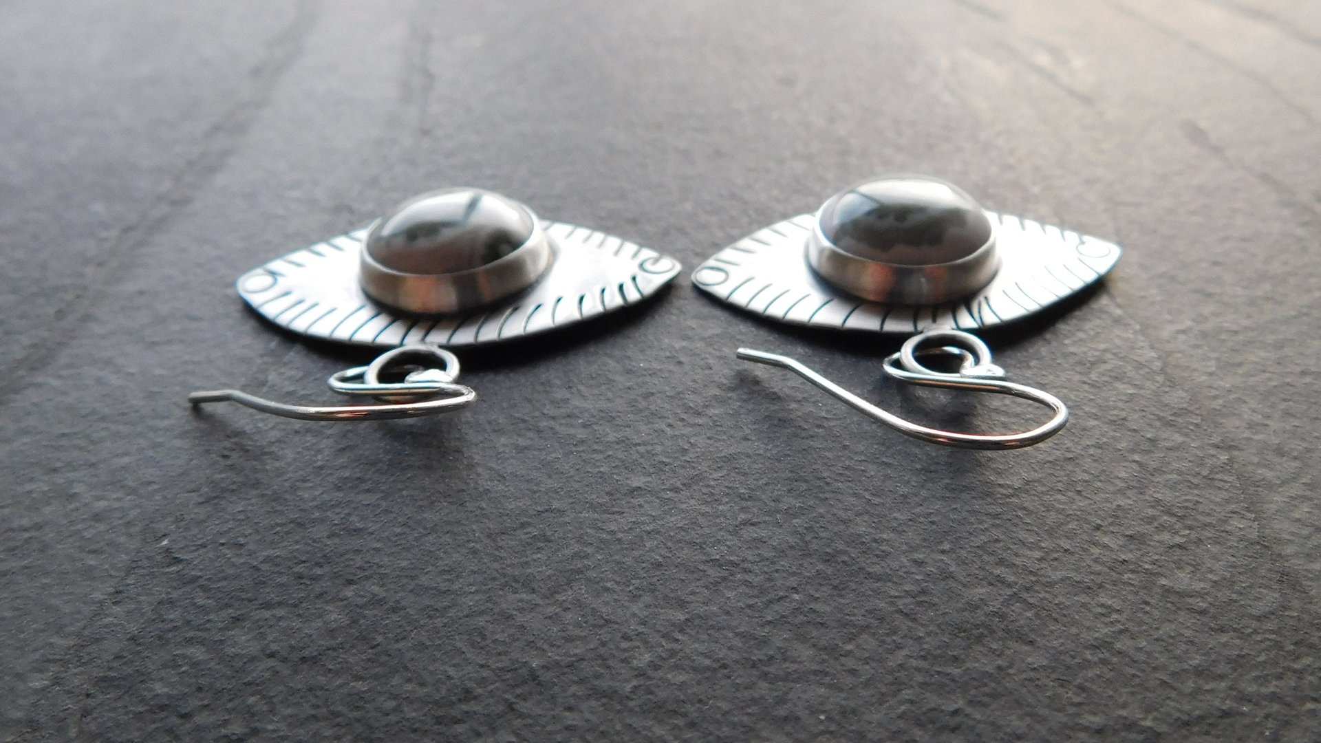 Green Ocean Jasper Eye Sterling Silver Stamped Dangle Earrings