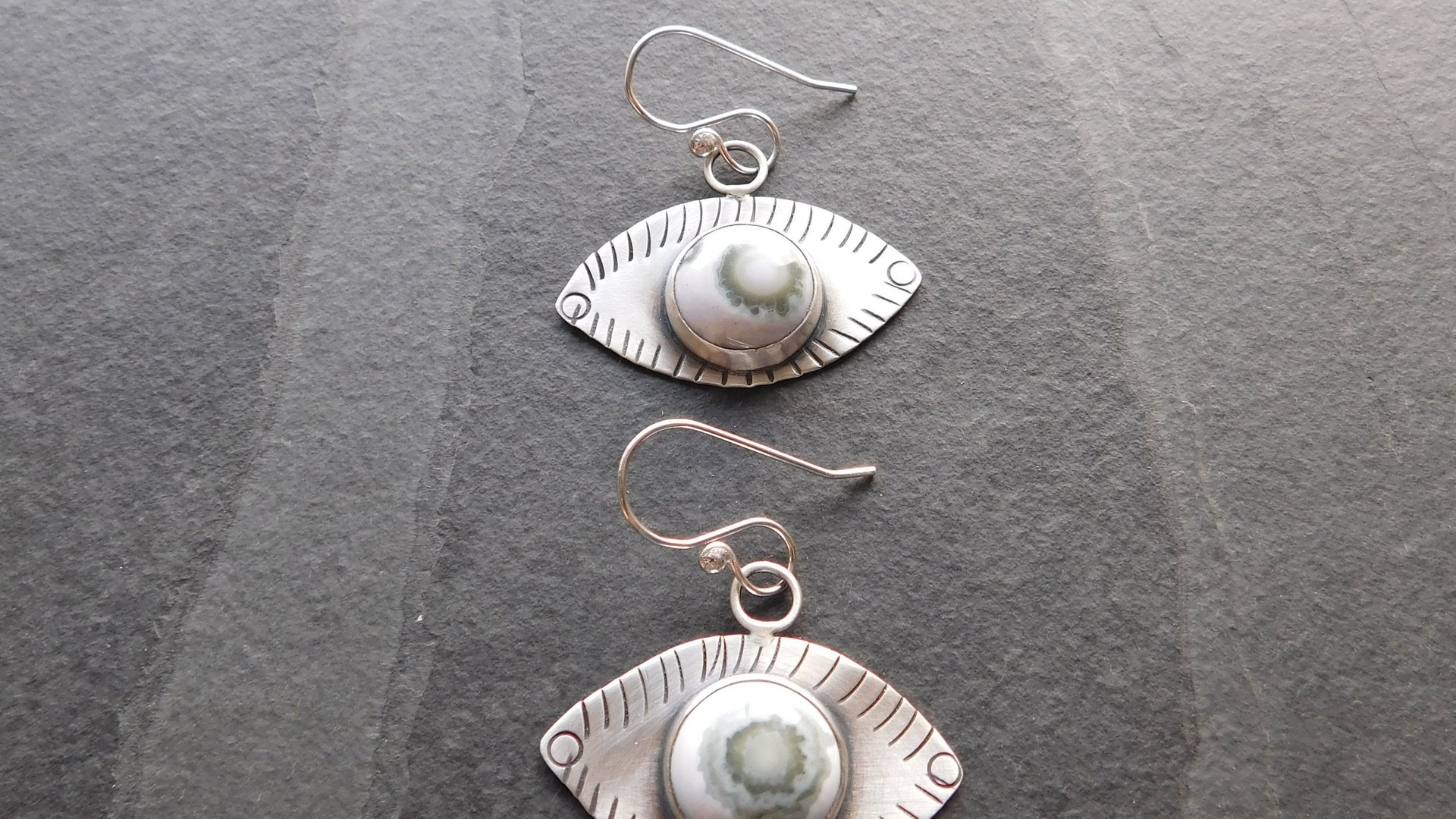 Green Ocean Jasper Eye Sterling Silver Stamped Dangle Earrings