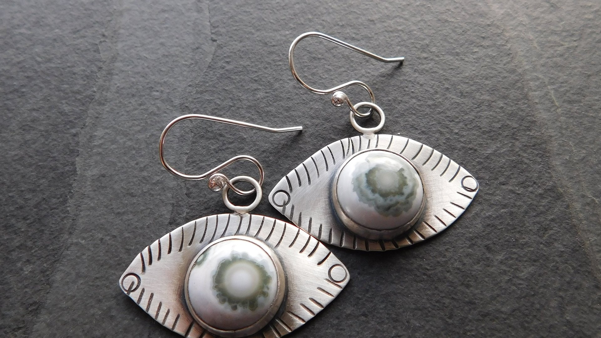 Green Ocean Jasper Eye Sterling Silver Stamped Dangle Earrings