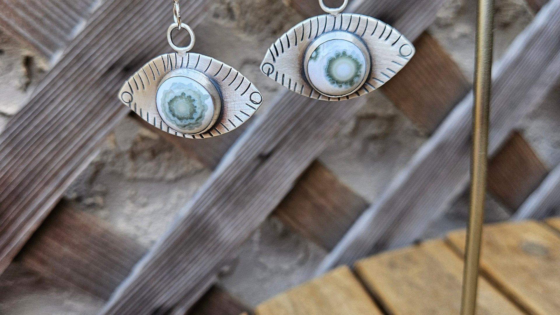 Green Ocean Jasper Eye Sterling Silver Stamped Dangle Earrings