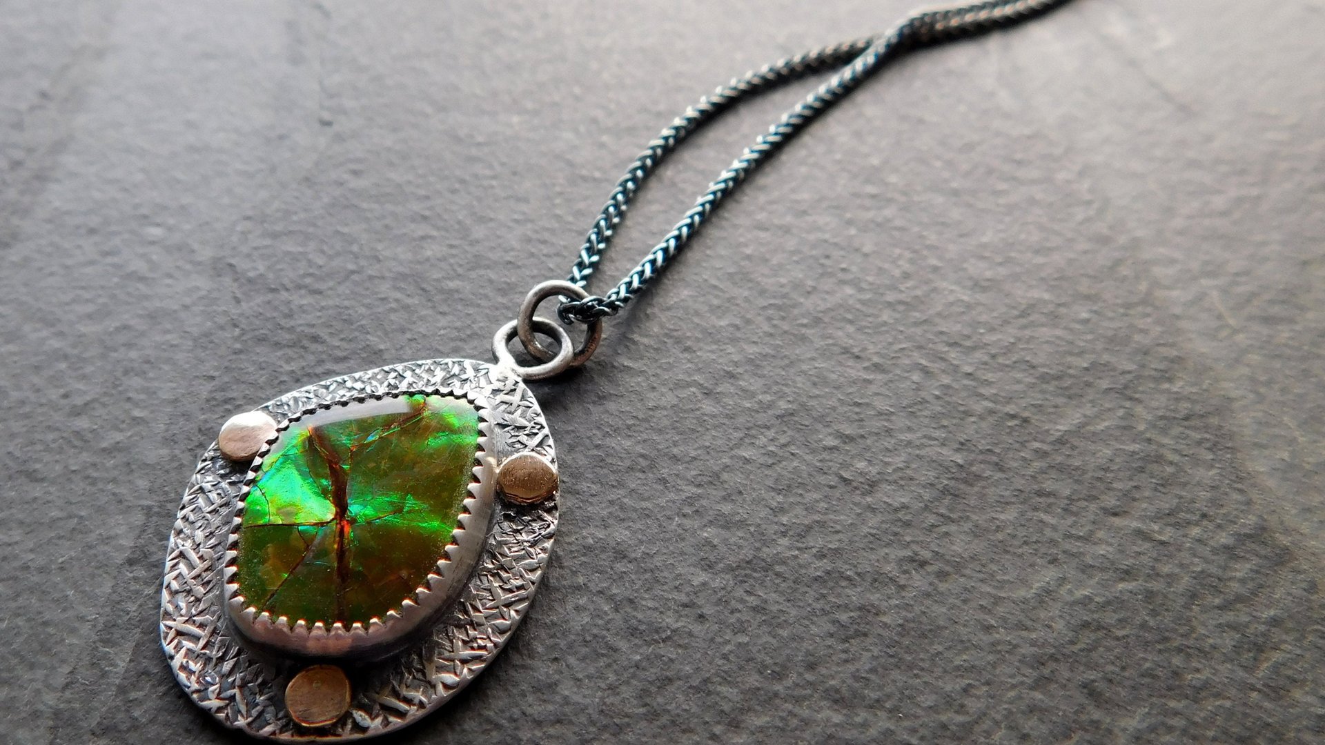 Neon Green Orange Flash Ammolite Oxidized Sterling Silver 14K Gold Textured Pendant Necklace