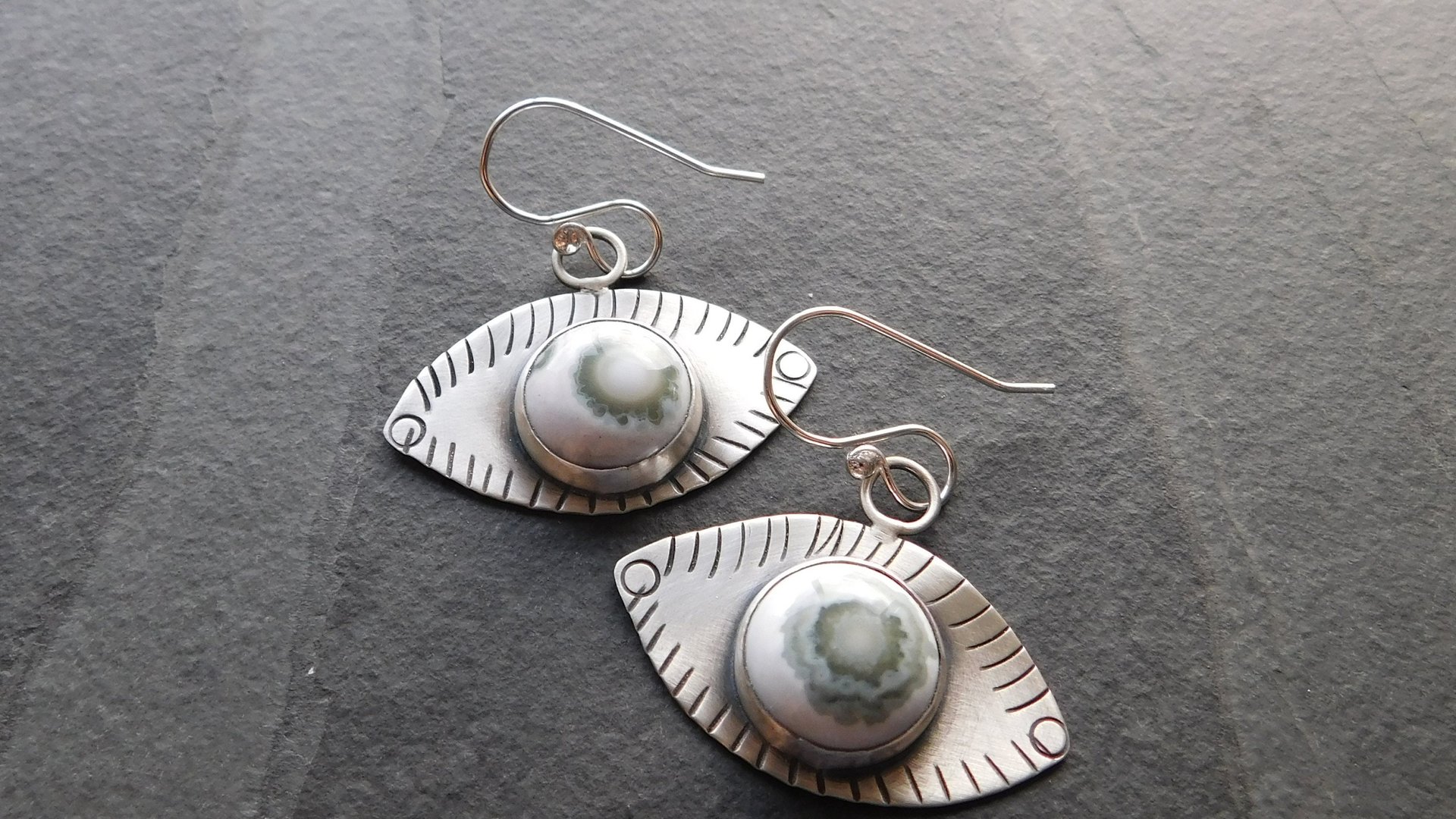 Green Ocean Jasper Eye Sterling Silver Stamped Dangle Earrings