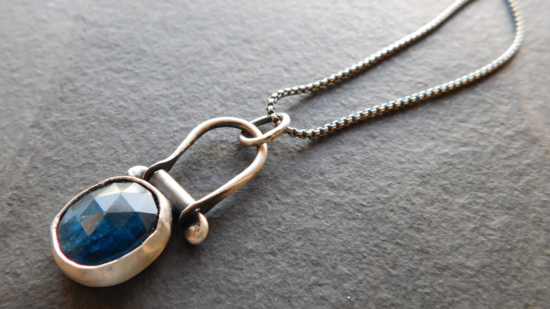 Neon Blue Rosecut Kyanite Oxidized Sterling Silver Hinge Pendant Necklace